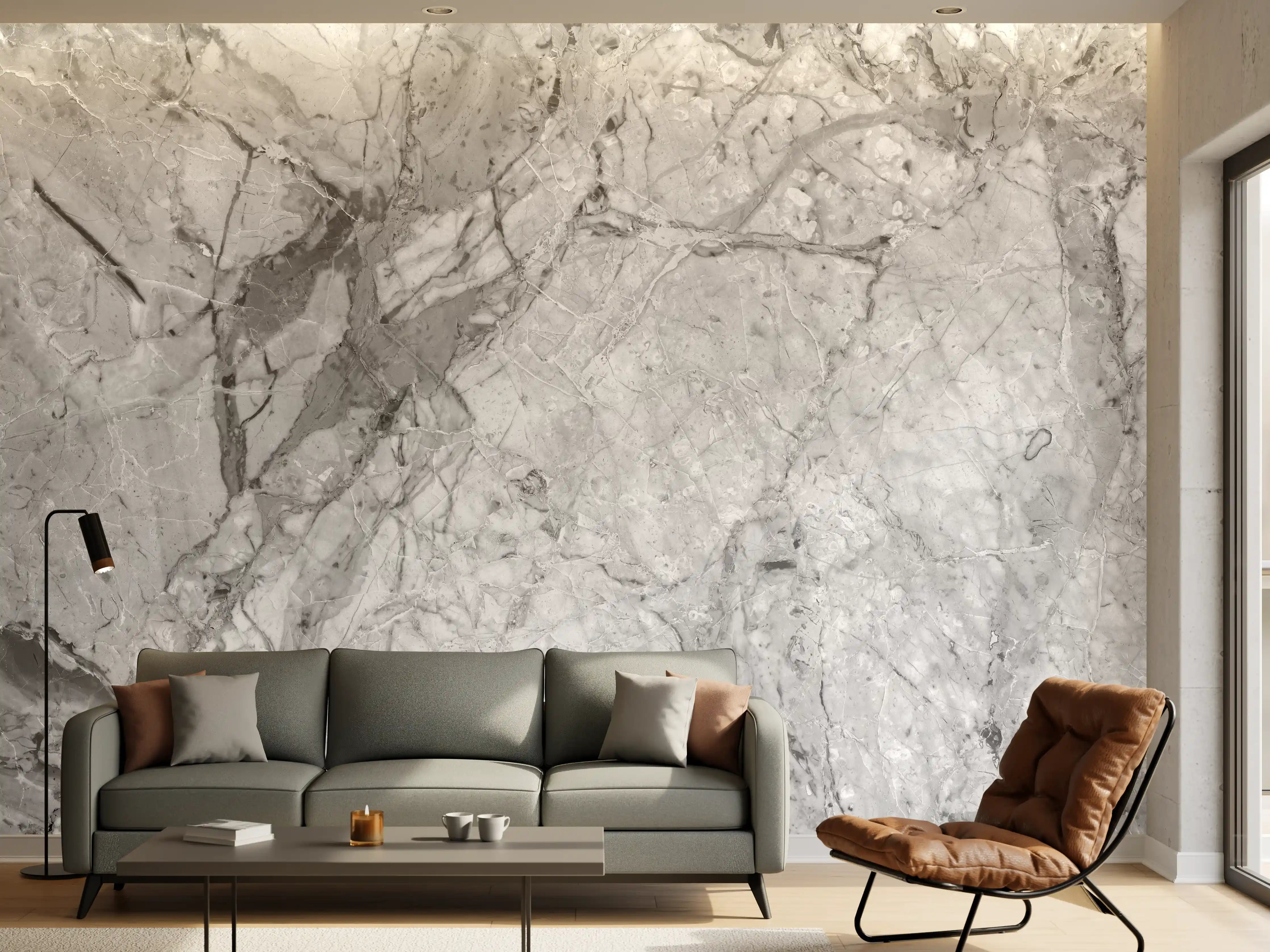 Wandverkleidung Wohnzimmer - Luxuriöse Marmorstruktur in Weißgrau