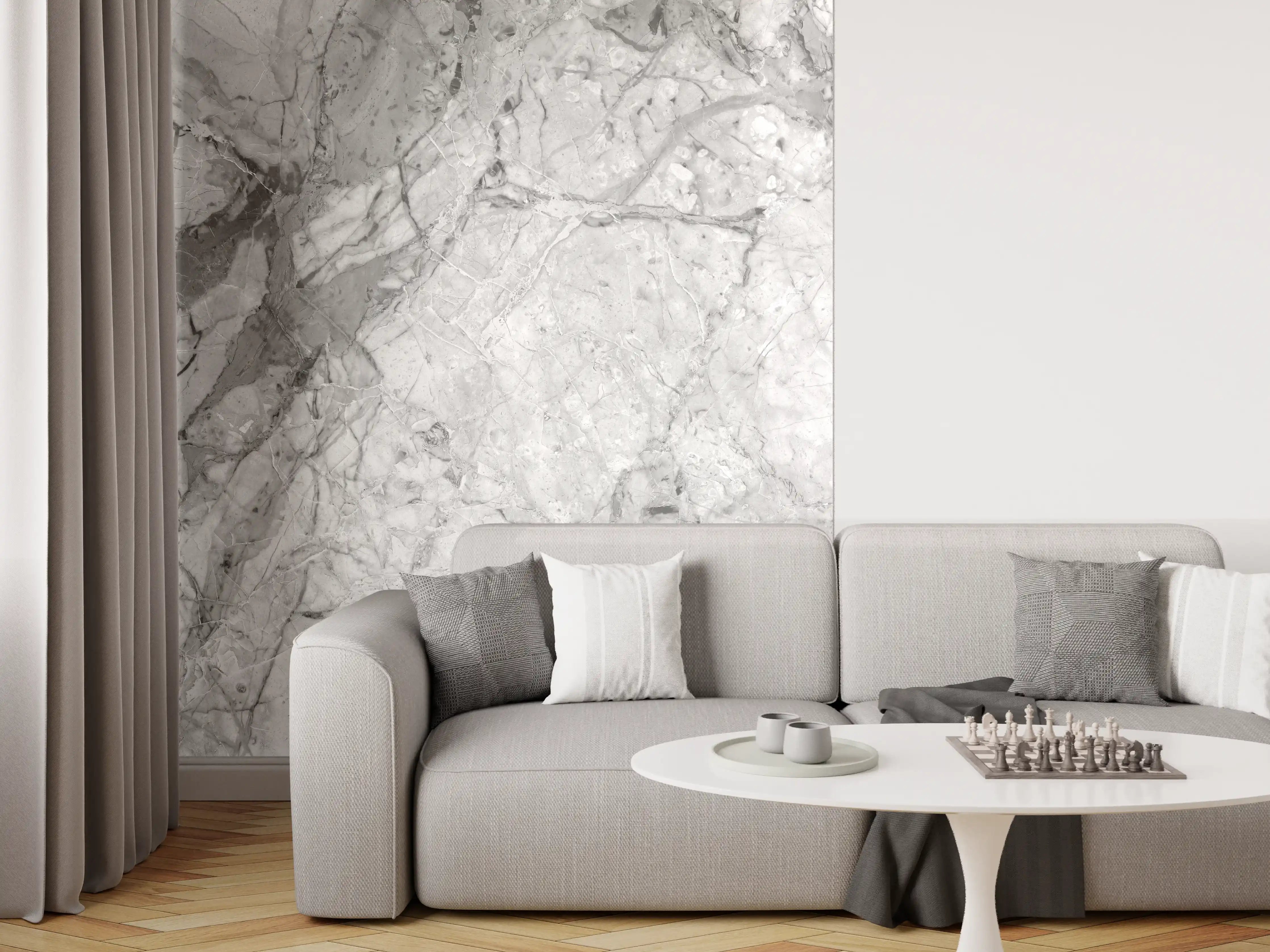 Wandverkleidung Wohnzimmer - Luxuriöse Marmorstruktur in Weißgrau