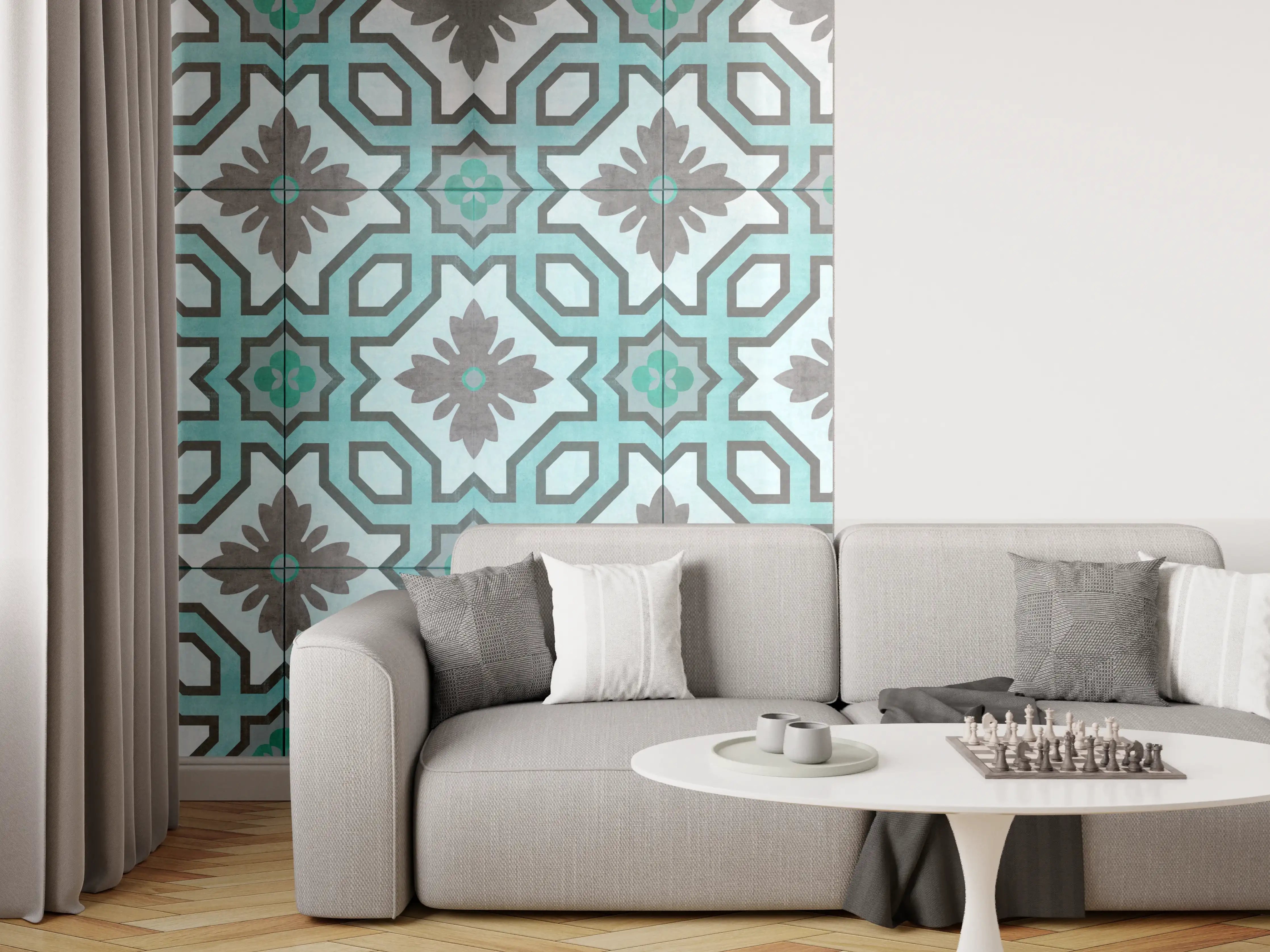 Wandverkleidung Wohnzimmer - Luxuriöse türkise Fliesen