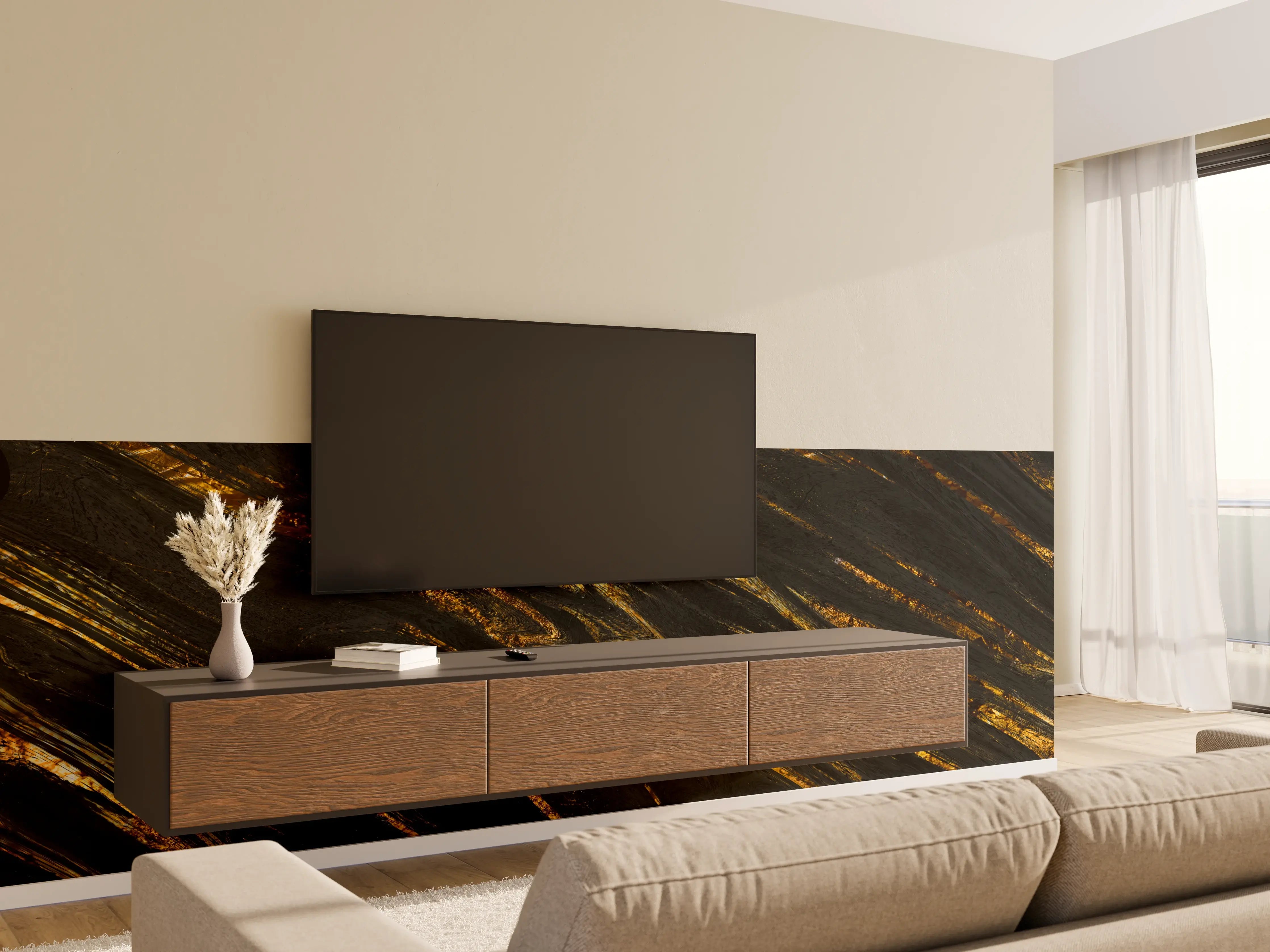 Wandverkleidung Wohnzimmer - Luxus Gold Marmor-Holz Textur