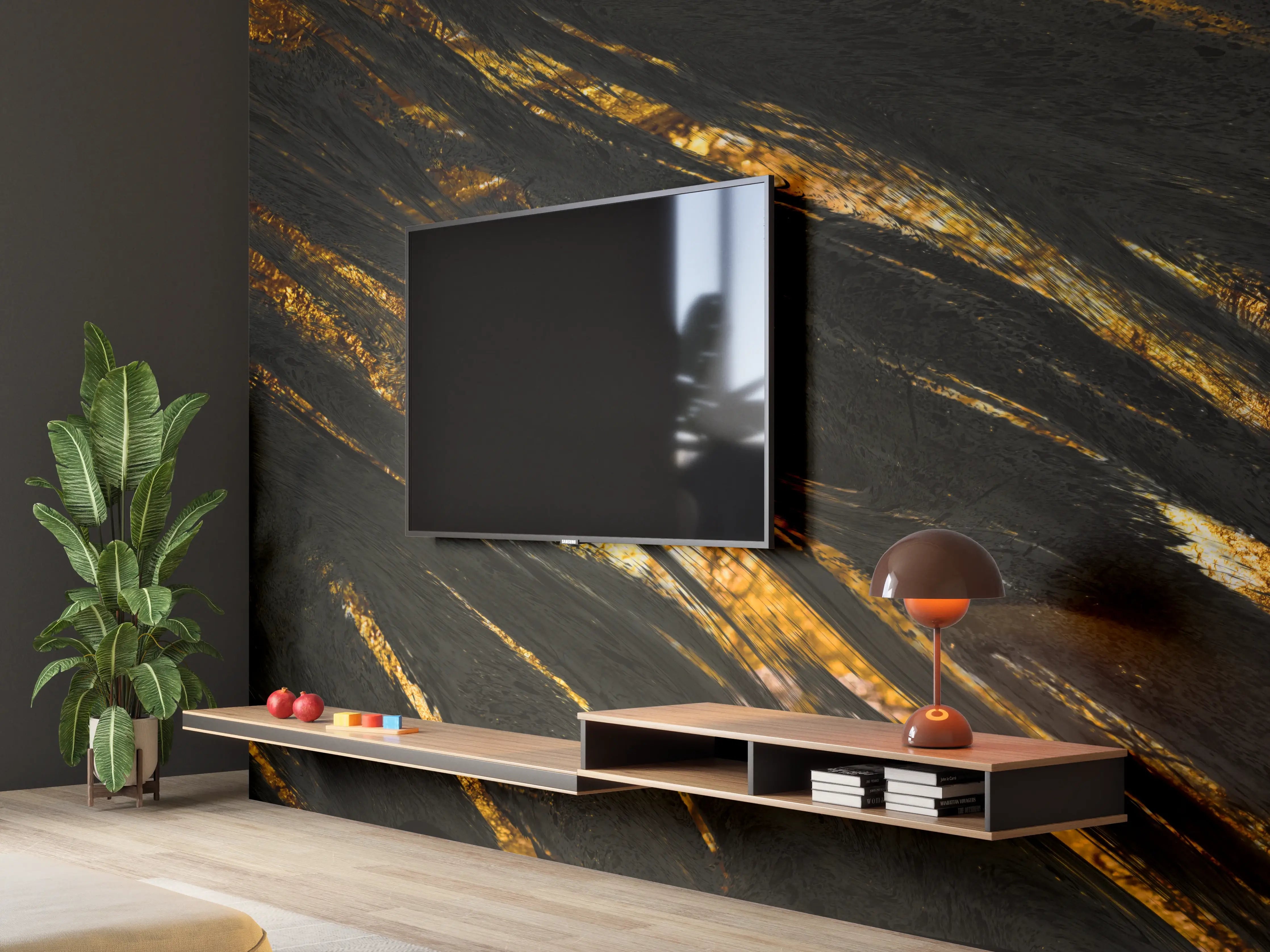 Wandverkleidung Wohnzimmer - Luxus Gold Marmor-Holz Textur