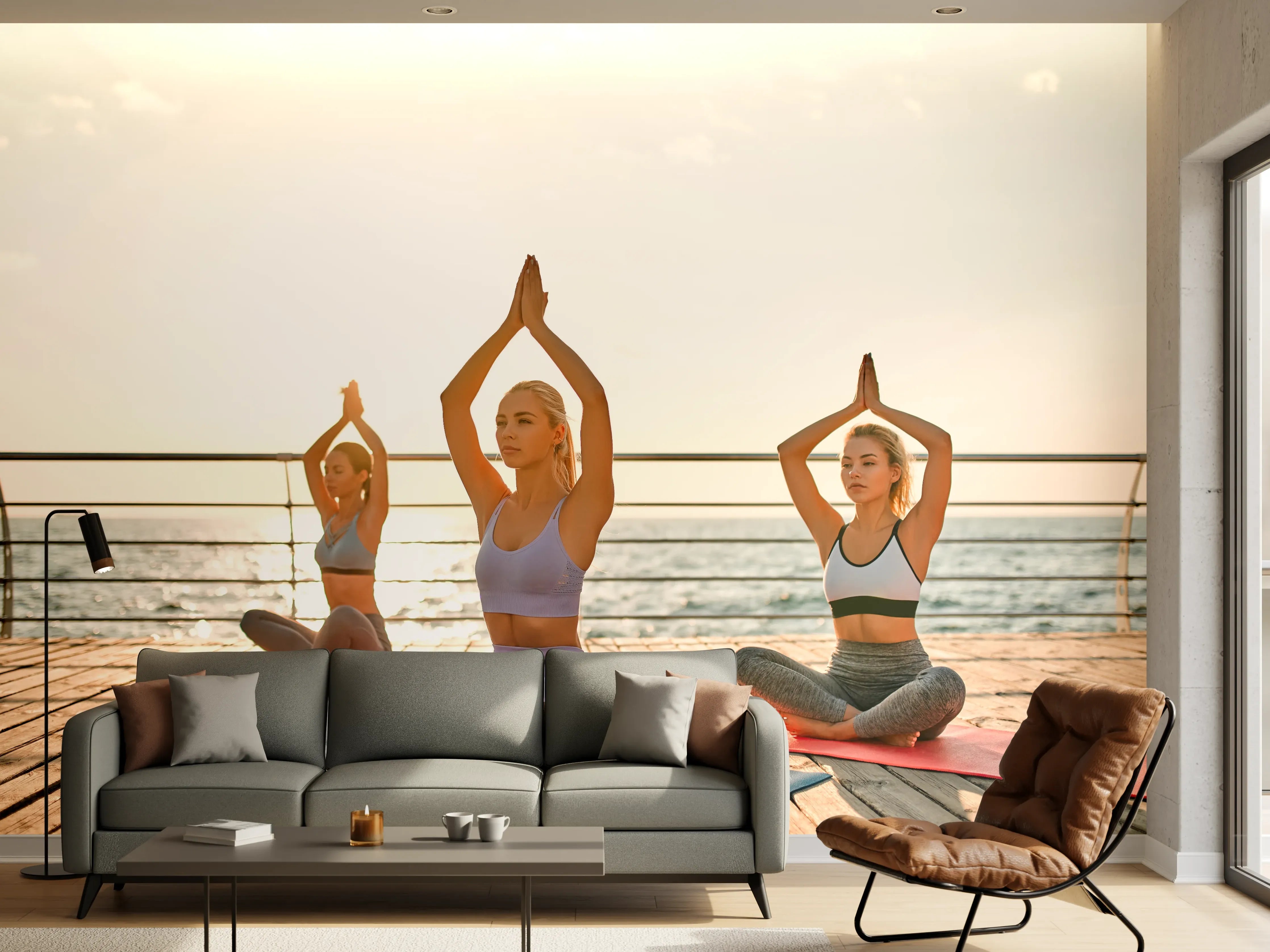 Wandverkleidung Wohnzimmer - Mädchen beim Yoga am Morgen