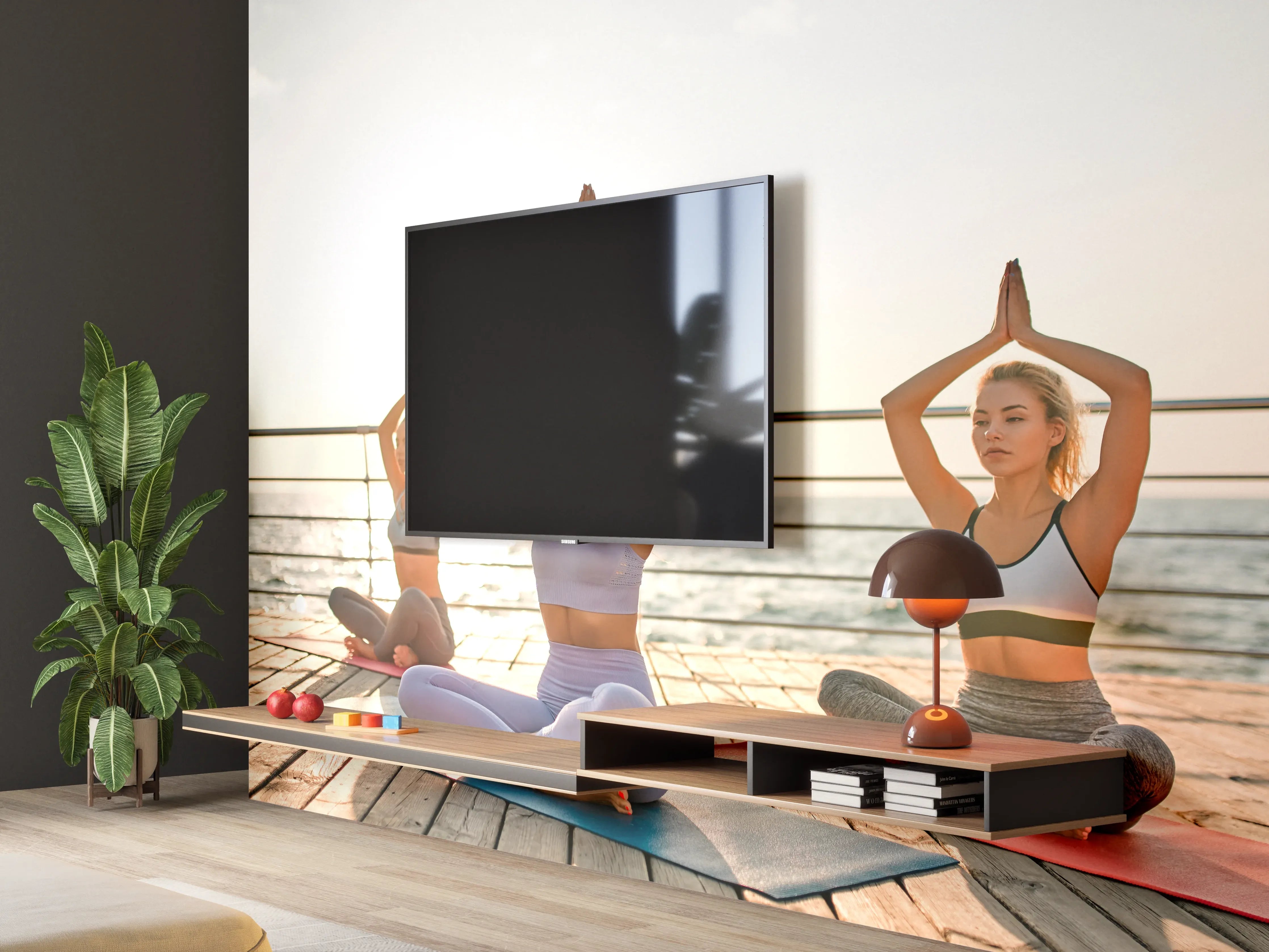 Wandverkleidung Wohnzimmer - Mädchen beim Yoga am Morgen