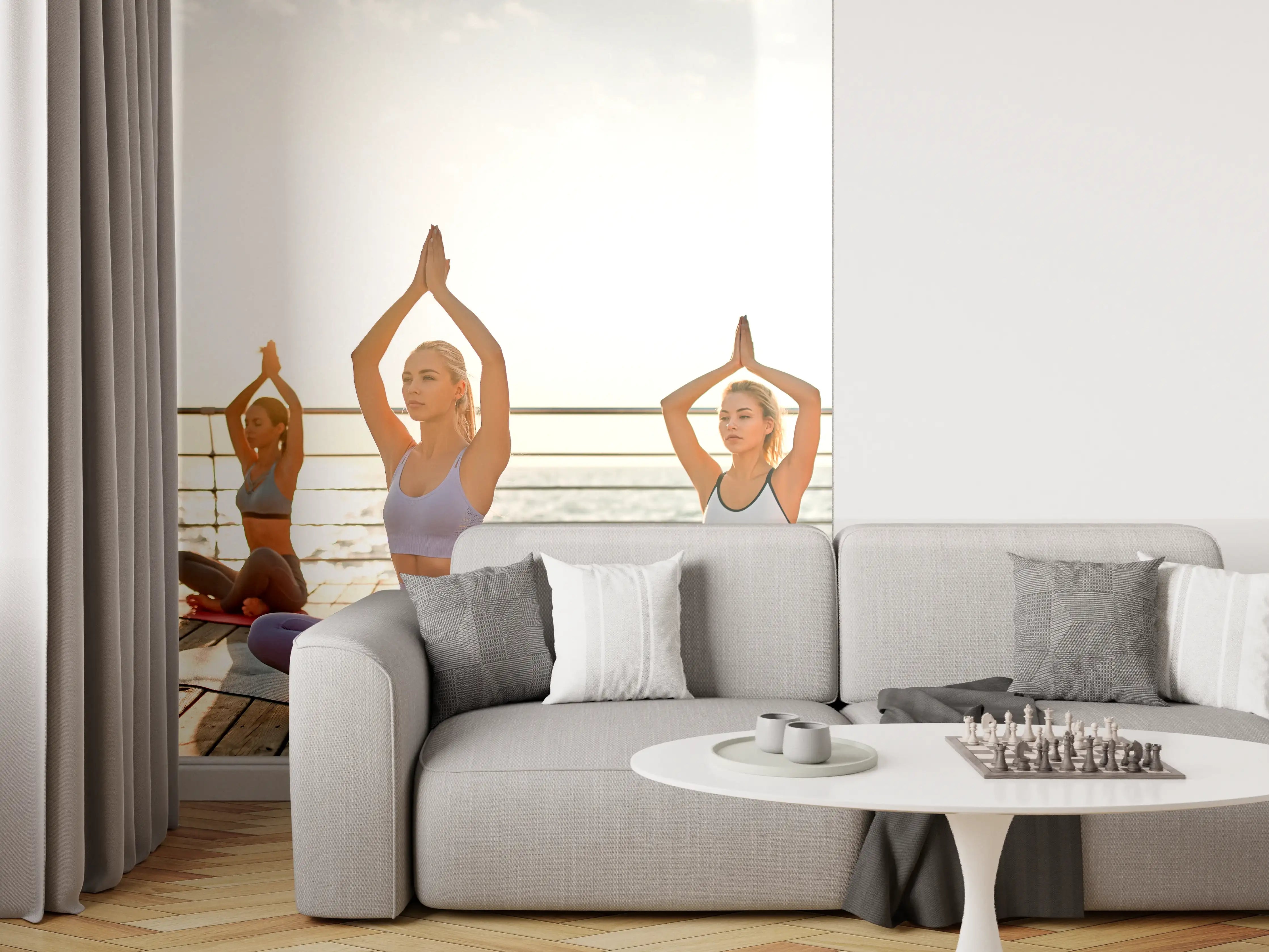 Wandverkleidung Wohnzimmer - Mädchen beim Yoga am Morgen