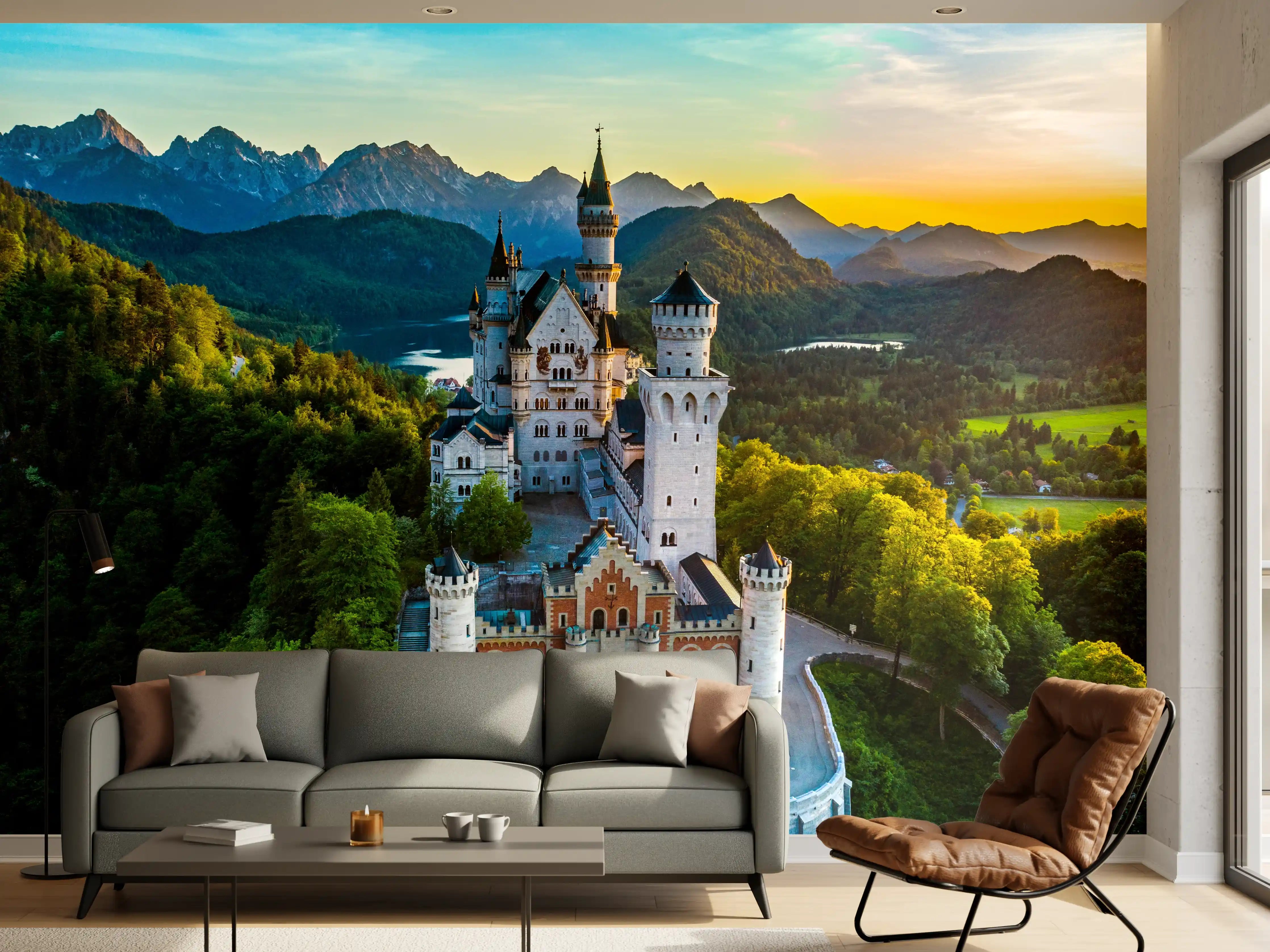 Wandverkleidung Wohnzimmer - Märchenhafte Burg vor malerischer Bergkulisse