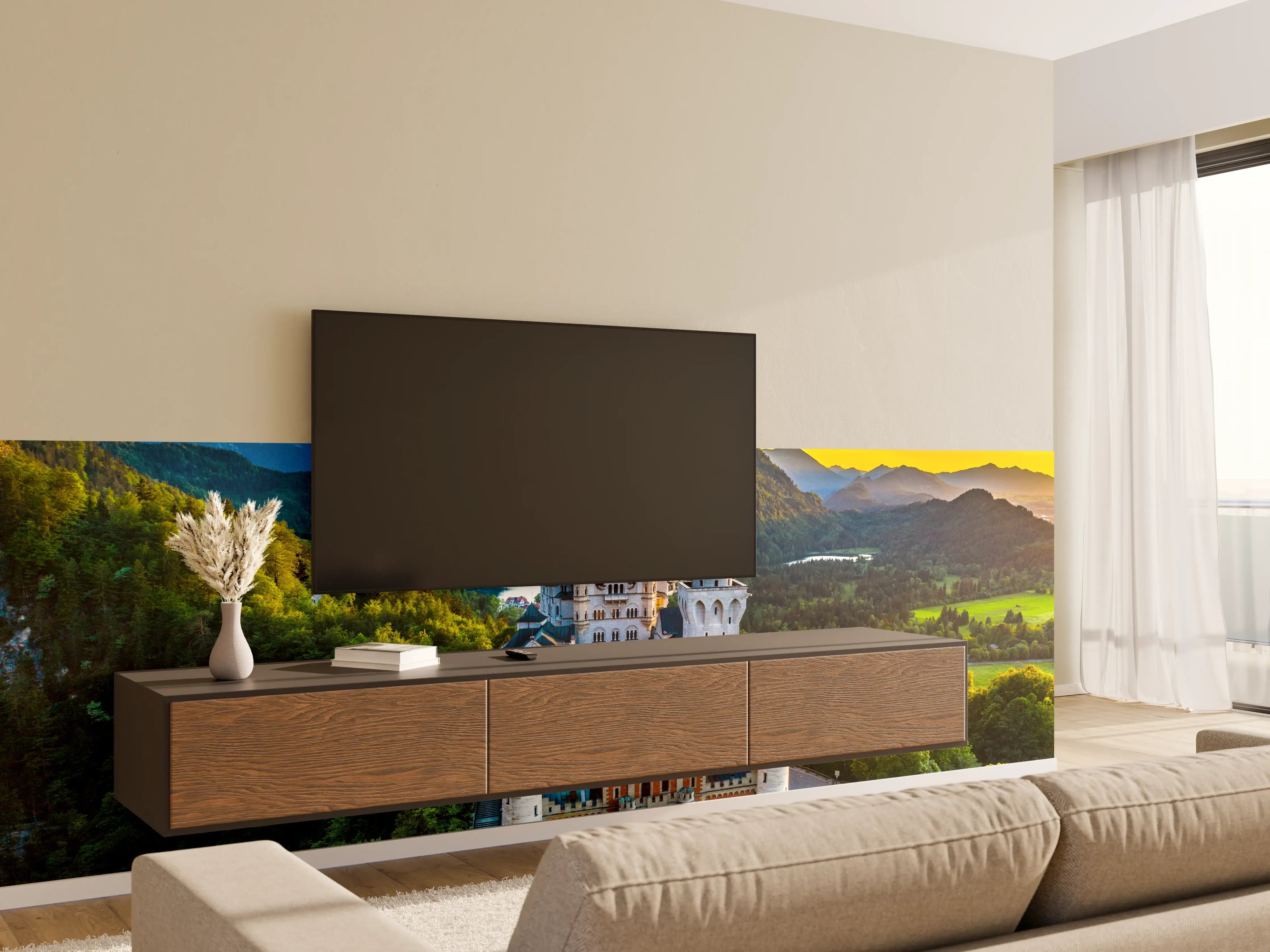 Wandverkleidung Wohnzimmer - Märchenhafte Burg vor malerischer Bergkulisse