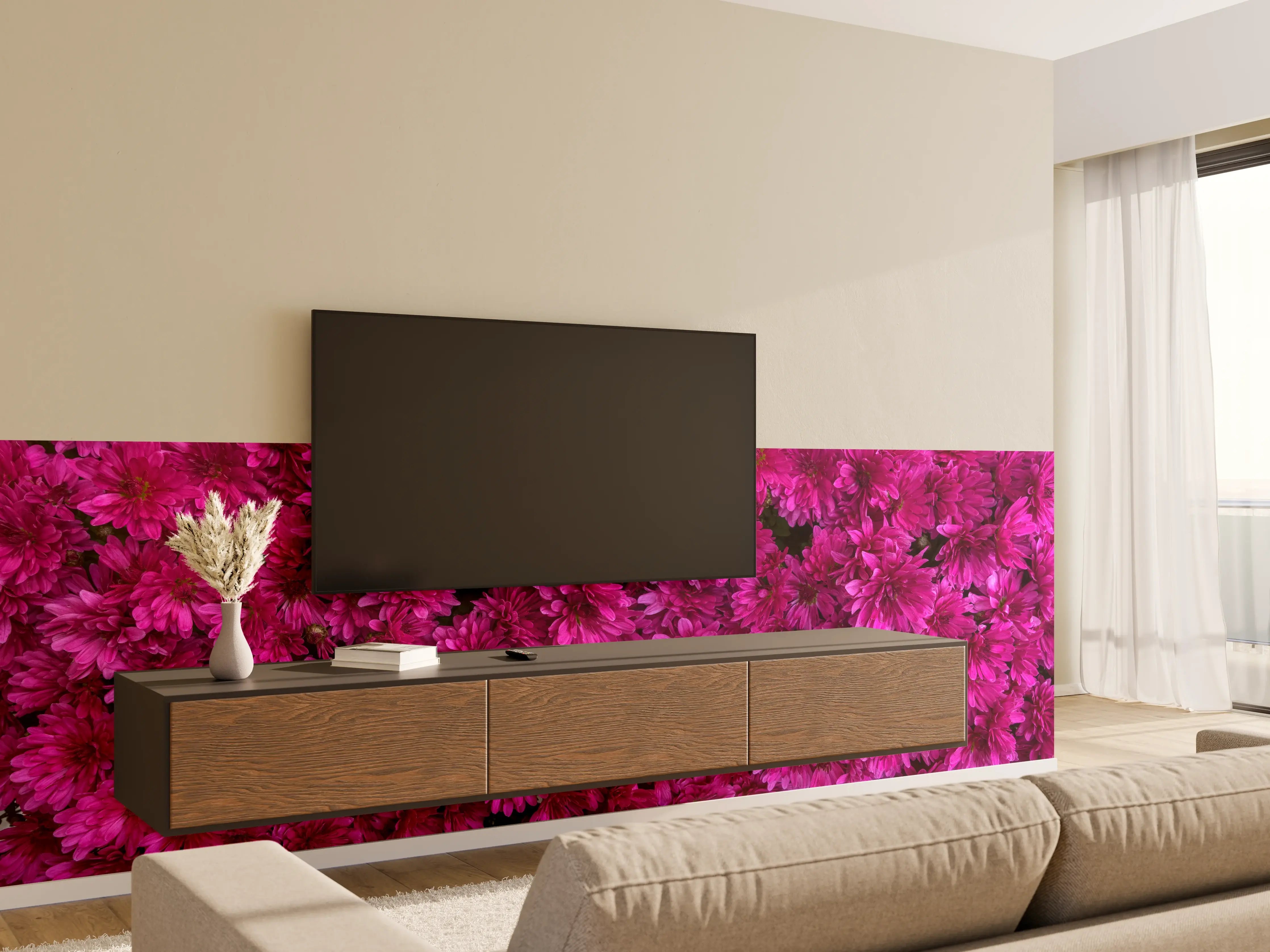 Wandverkleidung Wohnzimmer - Magenta Blüten von Chrysanthemen
