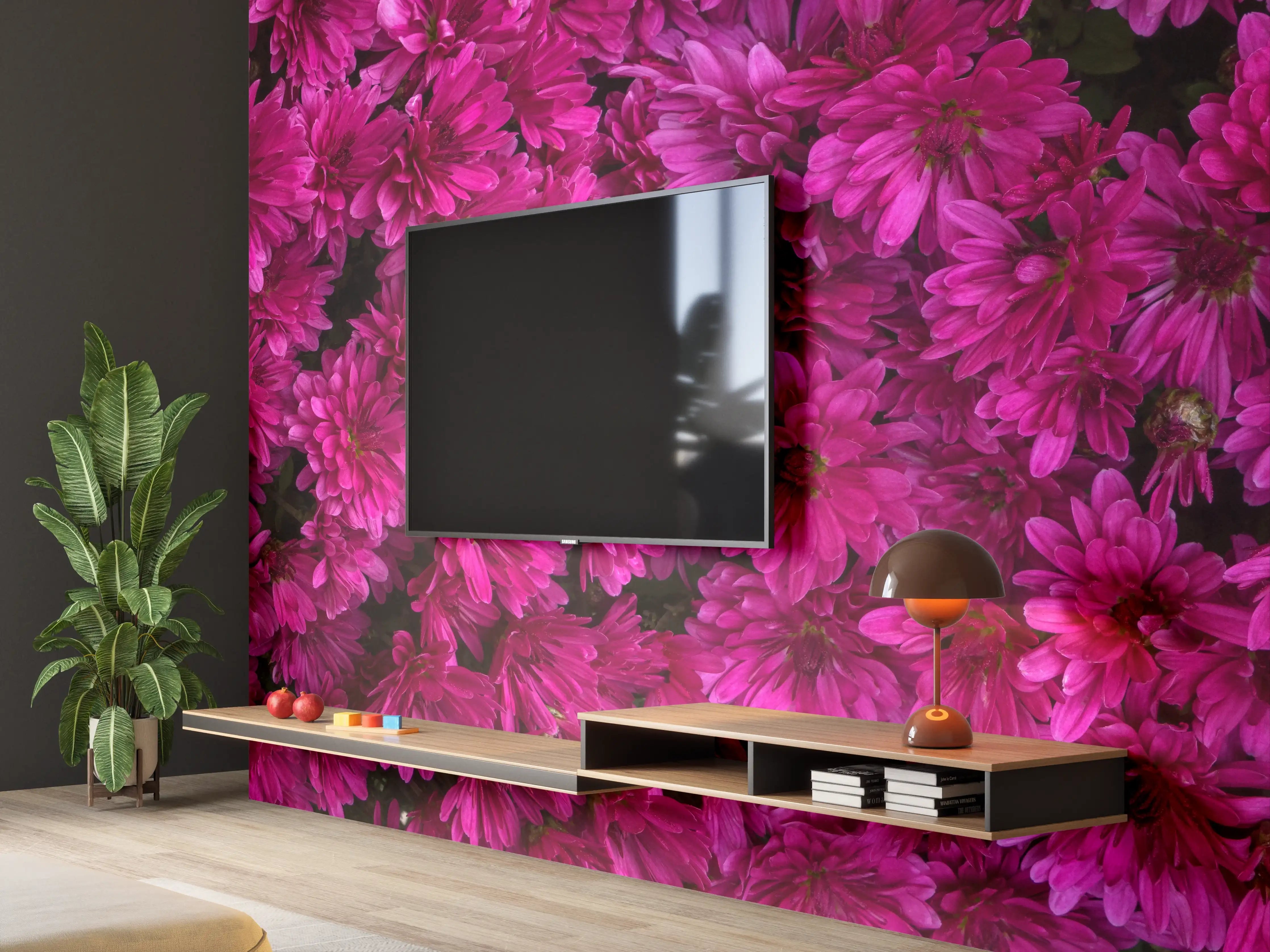 Wandverkleidung Wohnzimmer - Magenta Blüten von Chrysanthemen