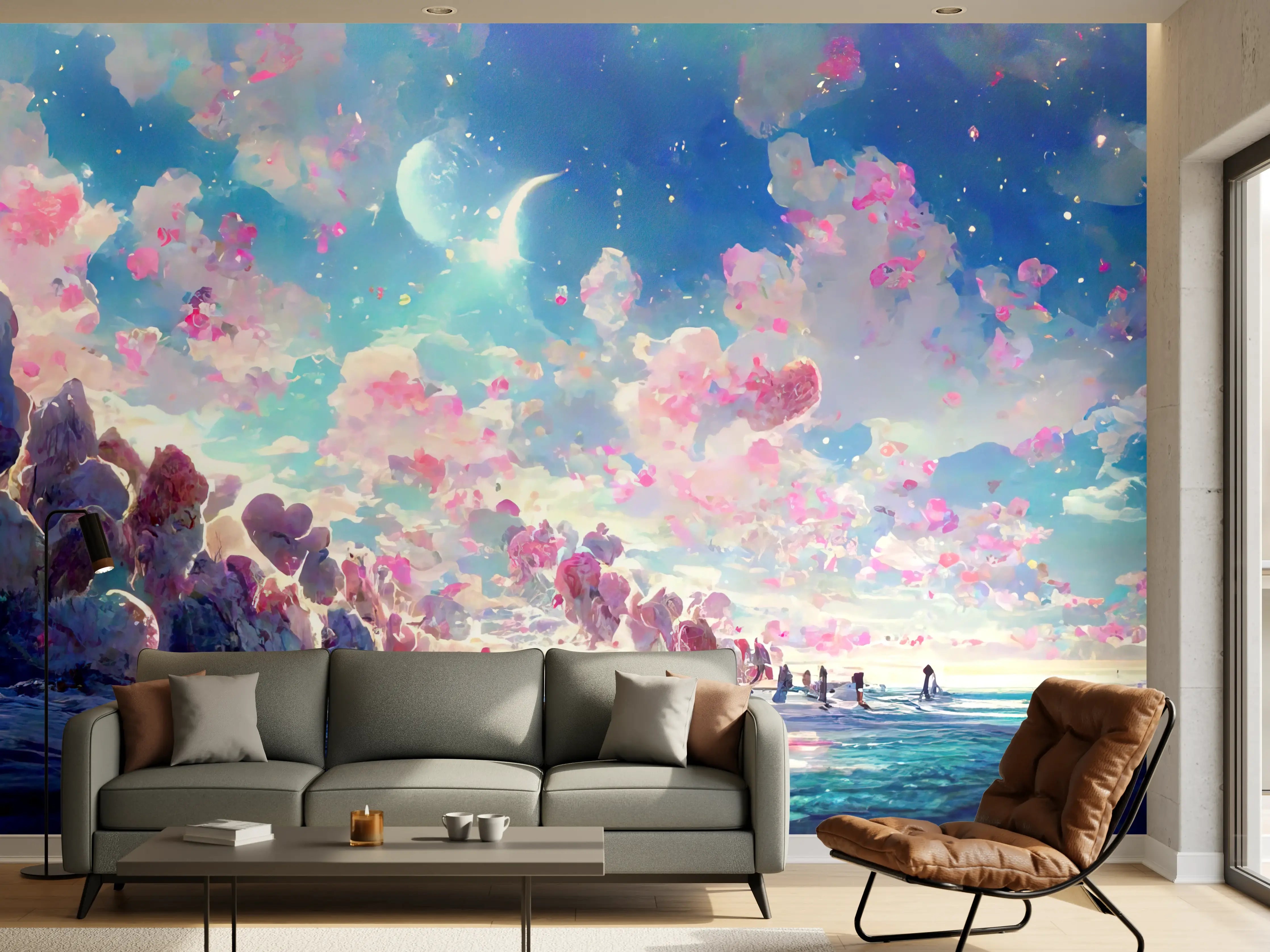 Wandverkleidung Wohnzimmer - Magische Himmelslandschaft Rosa Blau
