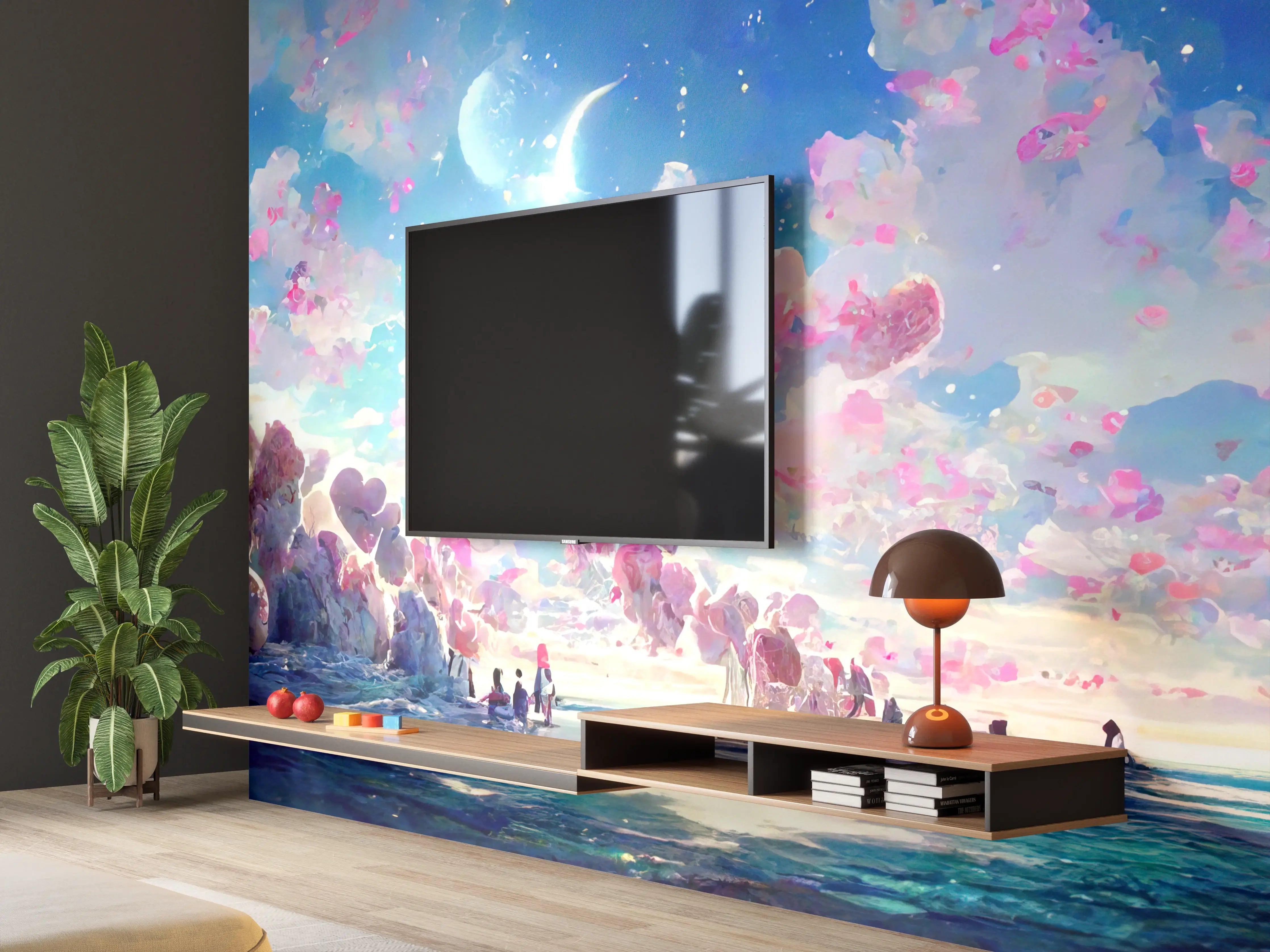 Wandverkleidung Wohnzimmer - Magische Himmelslandschaft Rosa Blau