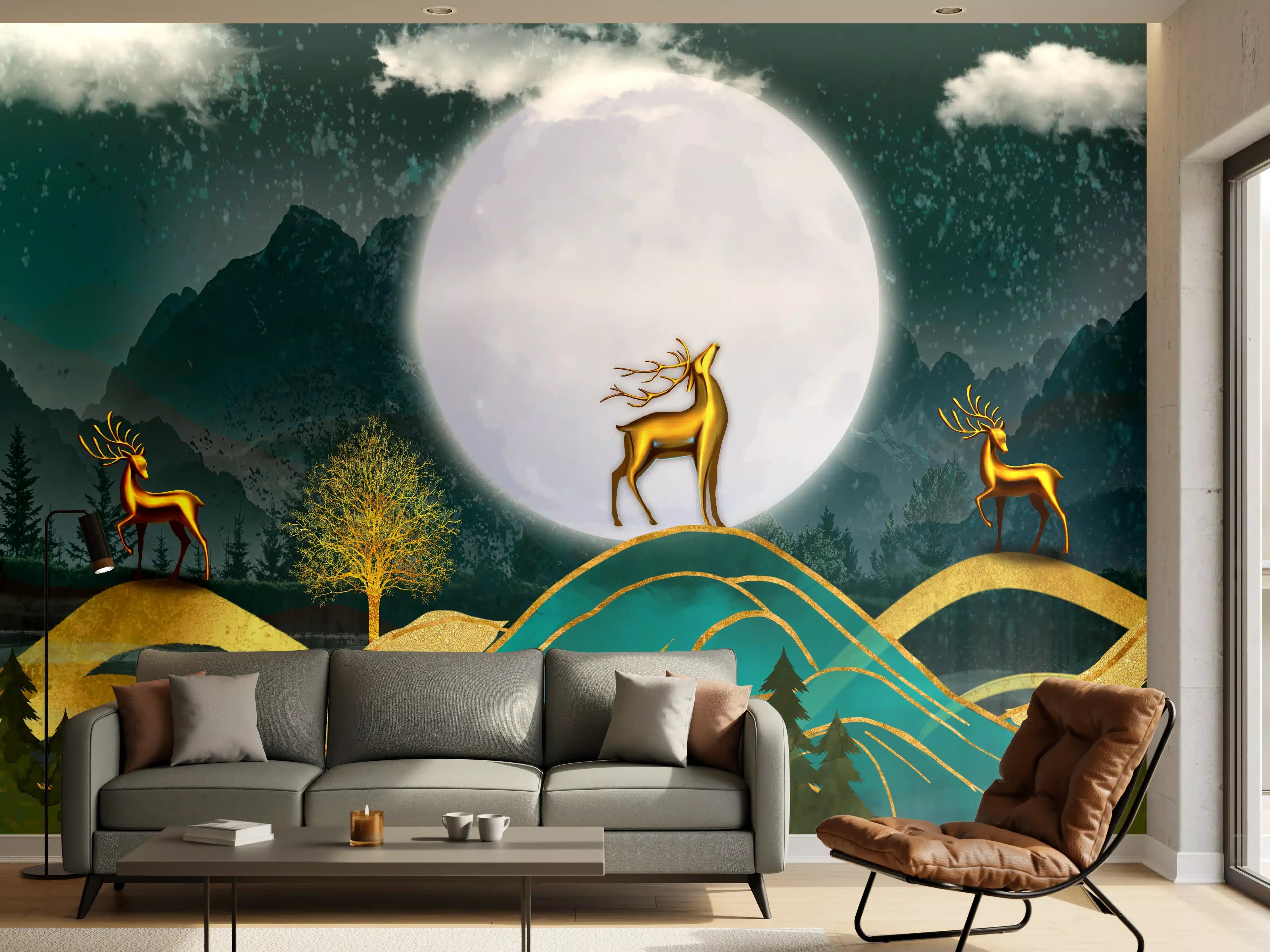 Wandverkleidung Wohnzimmer - Magische Hirschszene bei Vollmond