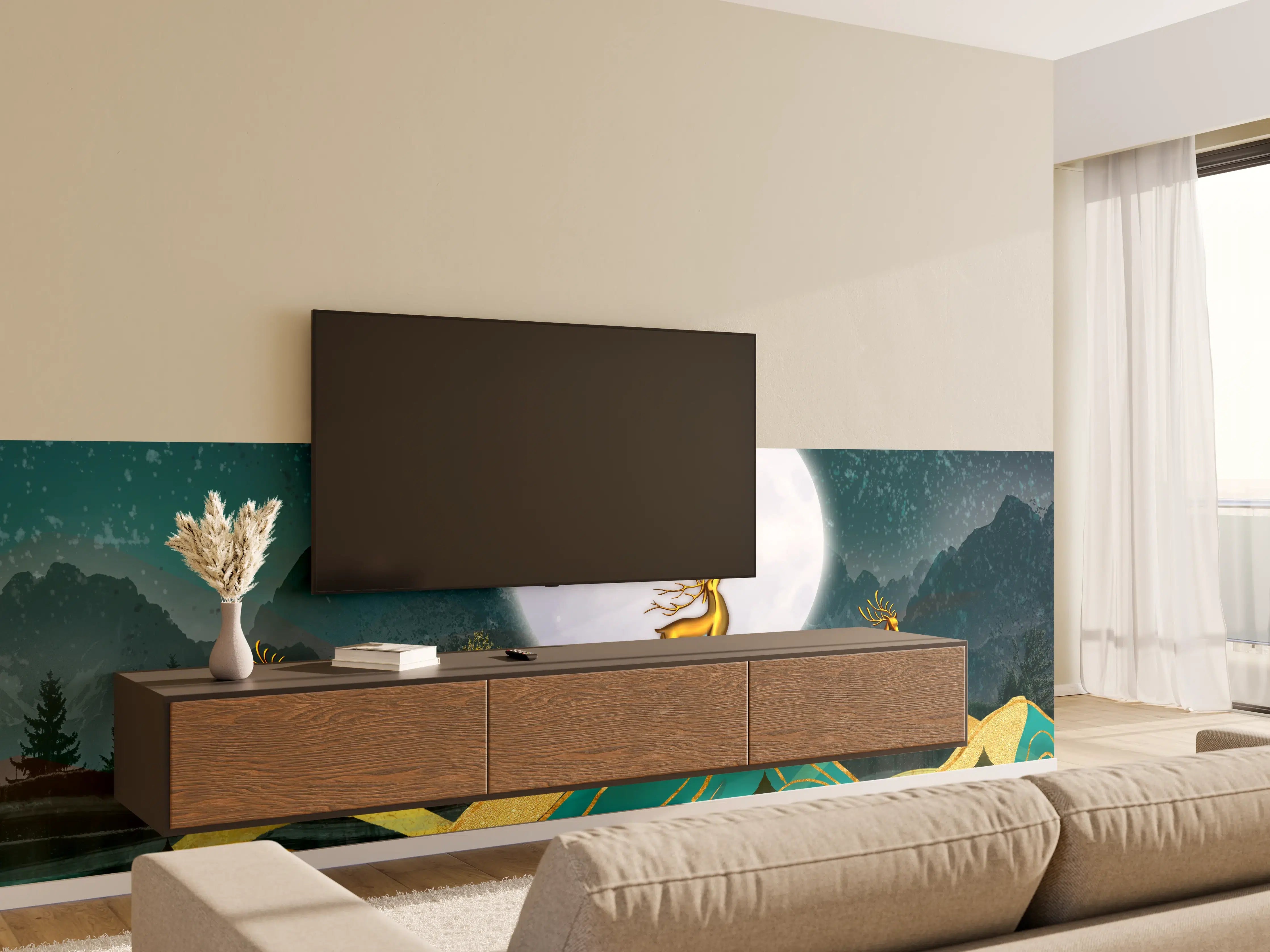 Wandverkleidung Wohnzimmer - Magische Hirschszene bei Vollmond