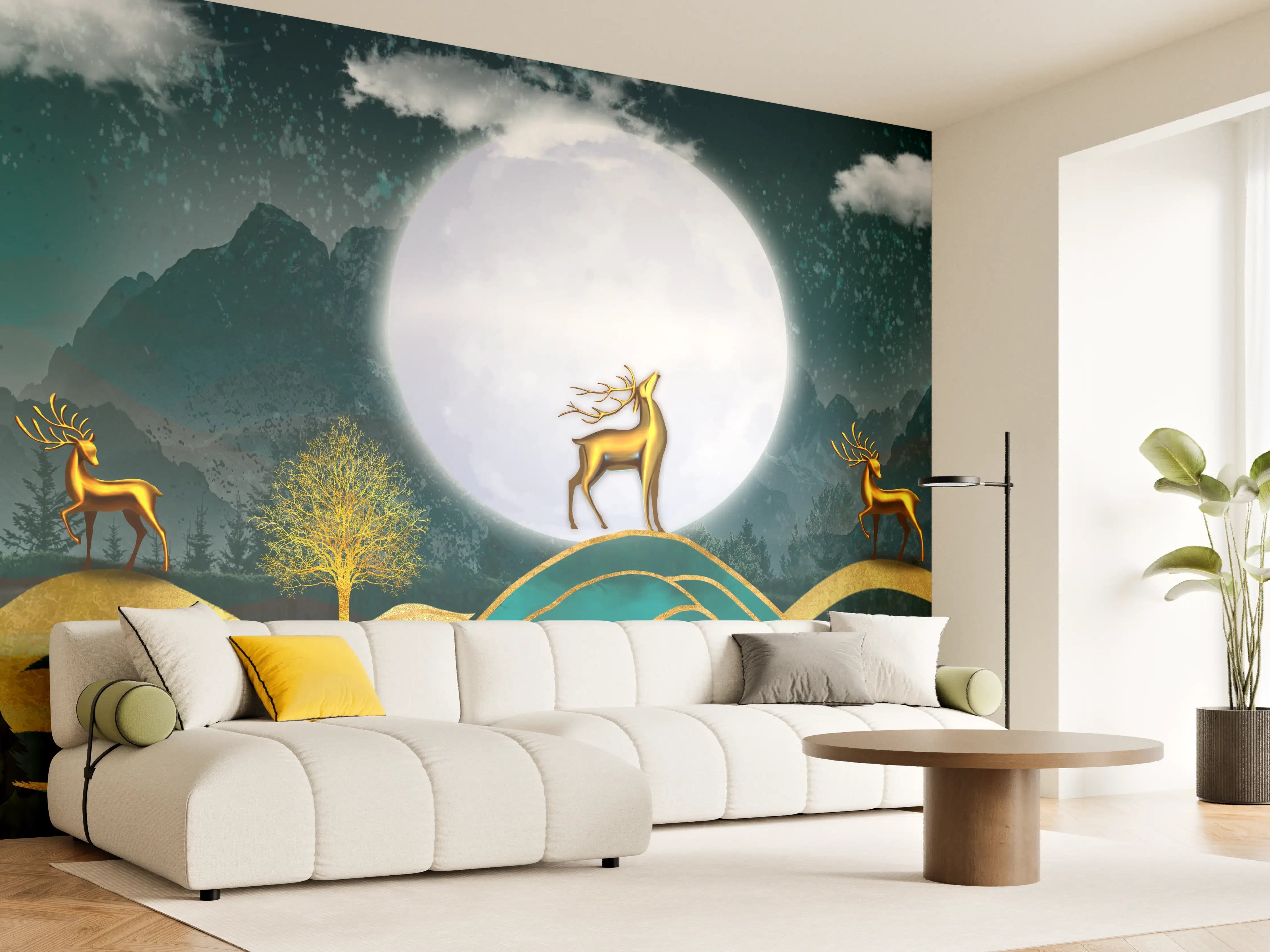Wandverkleidung Wohnzimmer - Magische Hirschszene bei Vollmond