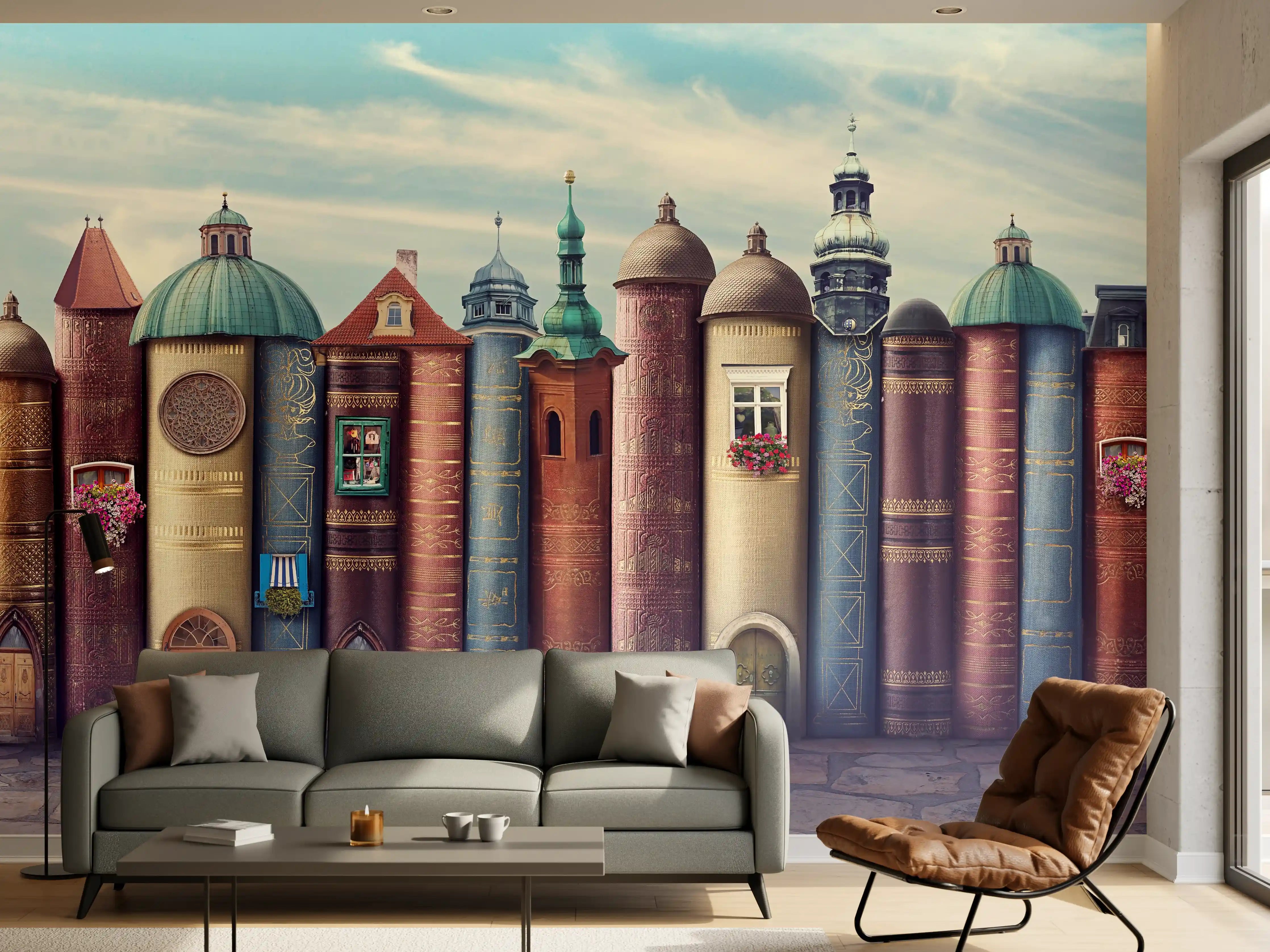 Wandverkleidung Wohnzimmer - Magische Stadt aus Büchern