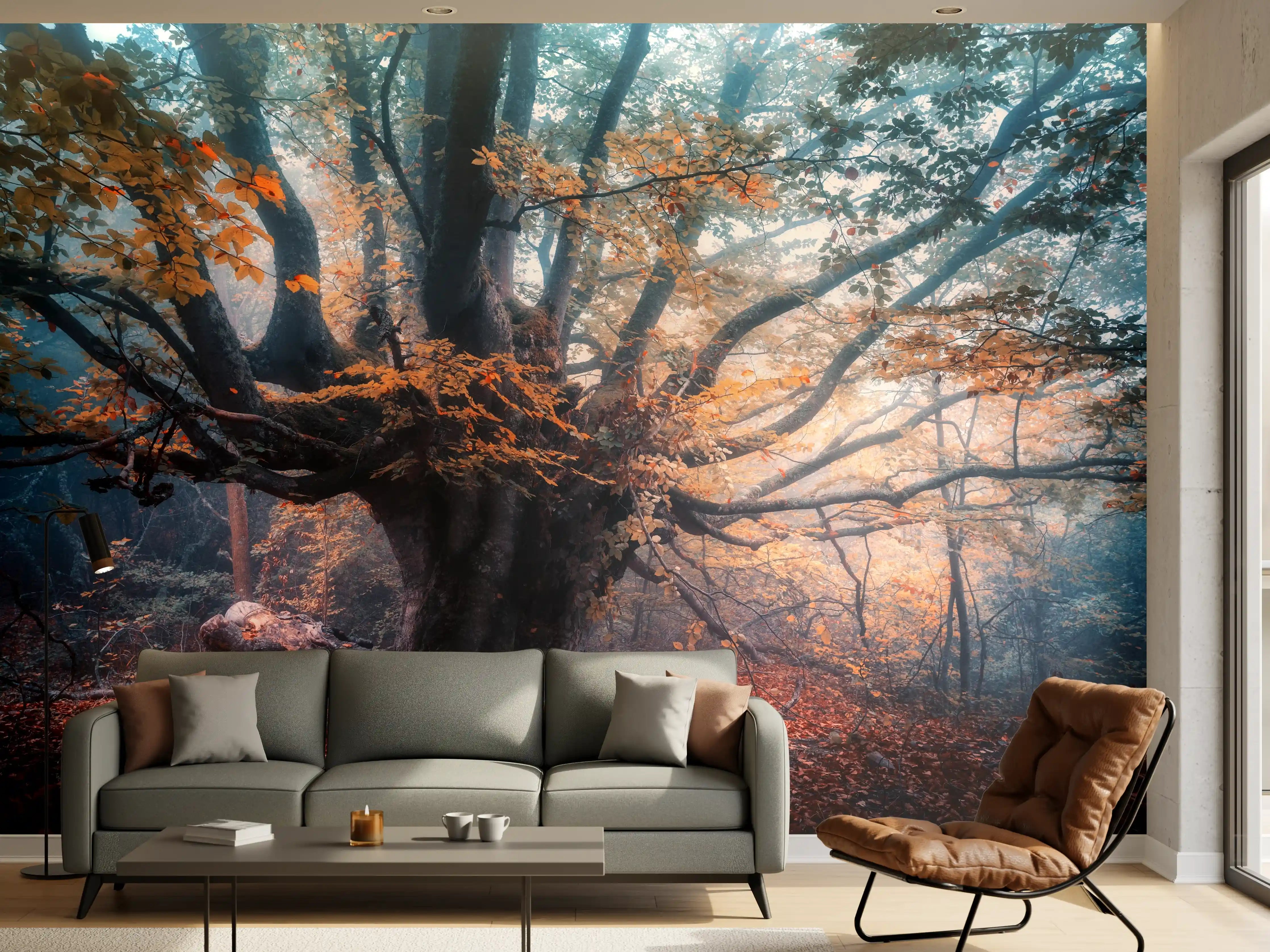 Wandverkleidung Wohnzimmer - Magischer Baum im Herbstwald