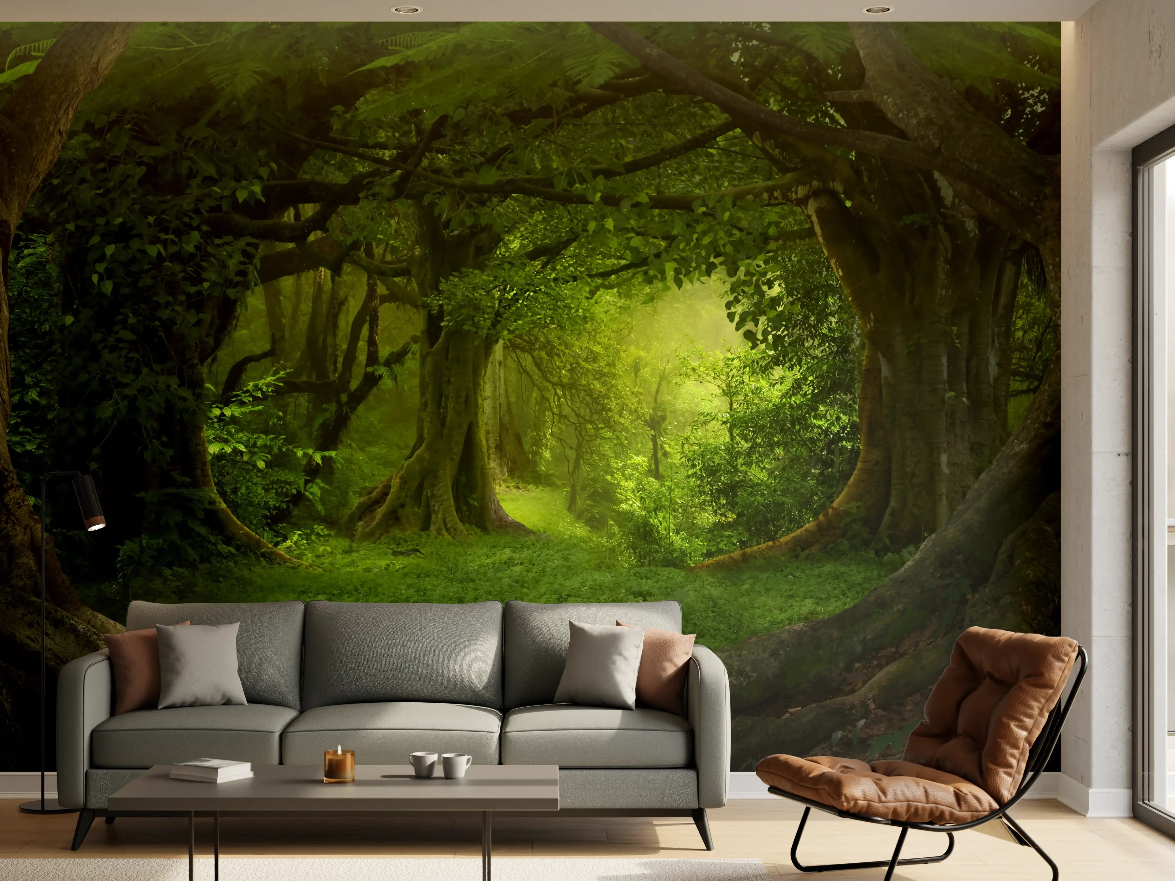 Wandverkleidung Wohnzimmer - Magischer Blick in den grünen Wald