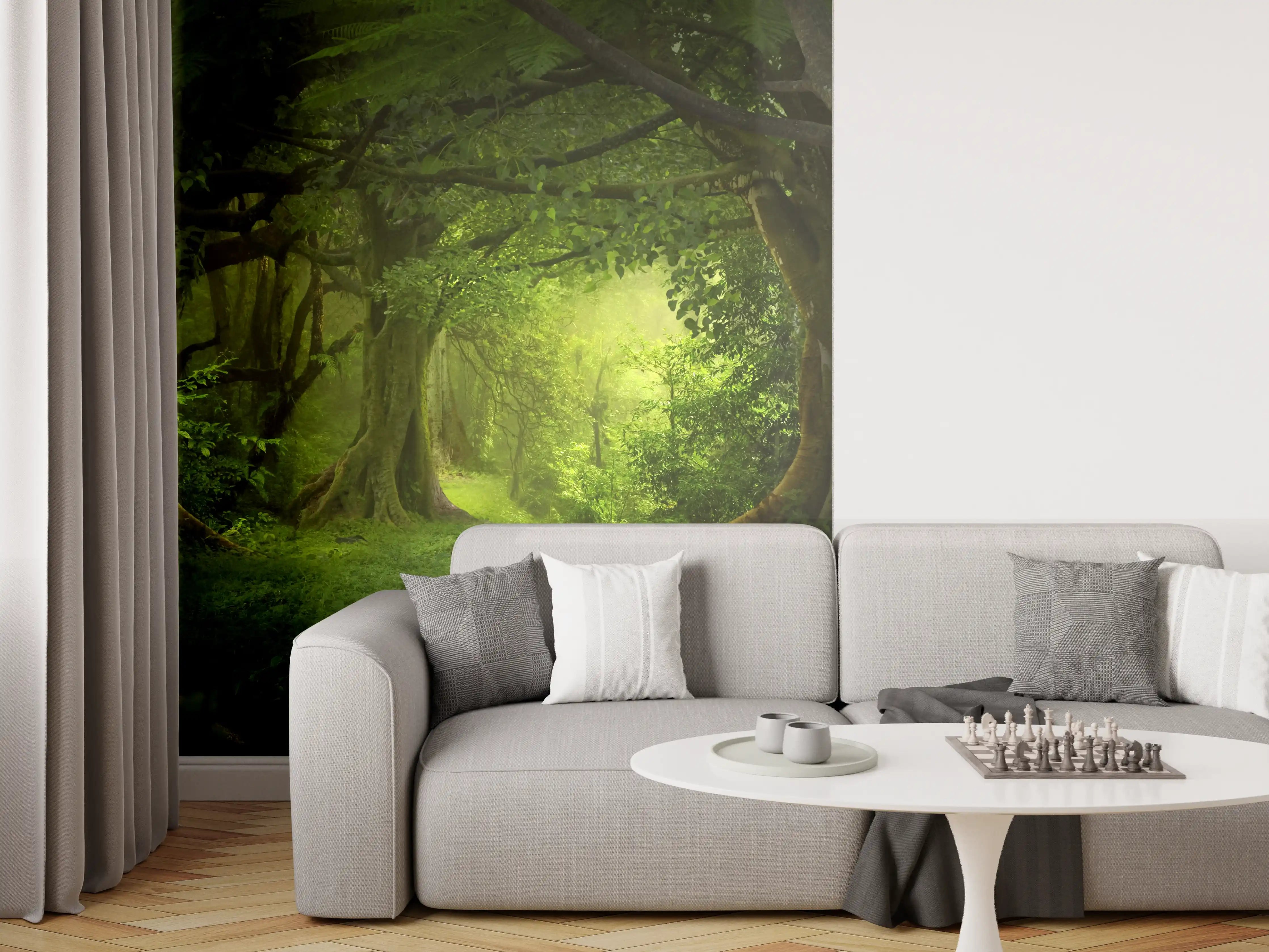 Wandverkleidung Wohnzimmer - Magischer Blick in den grünen Wald