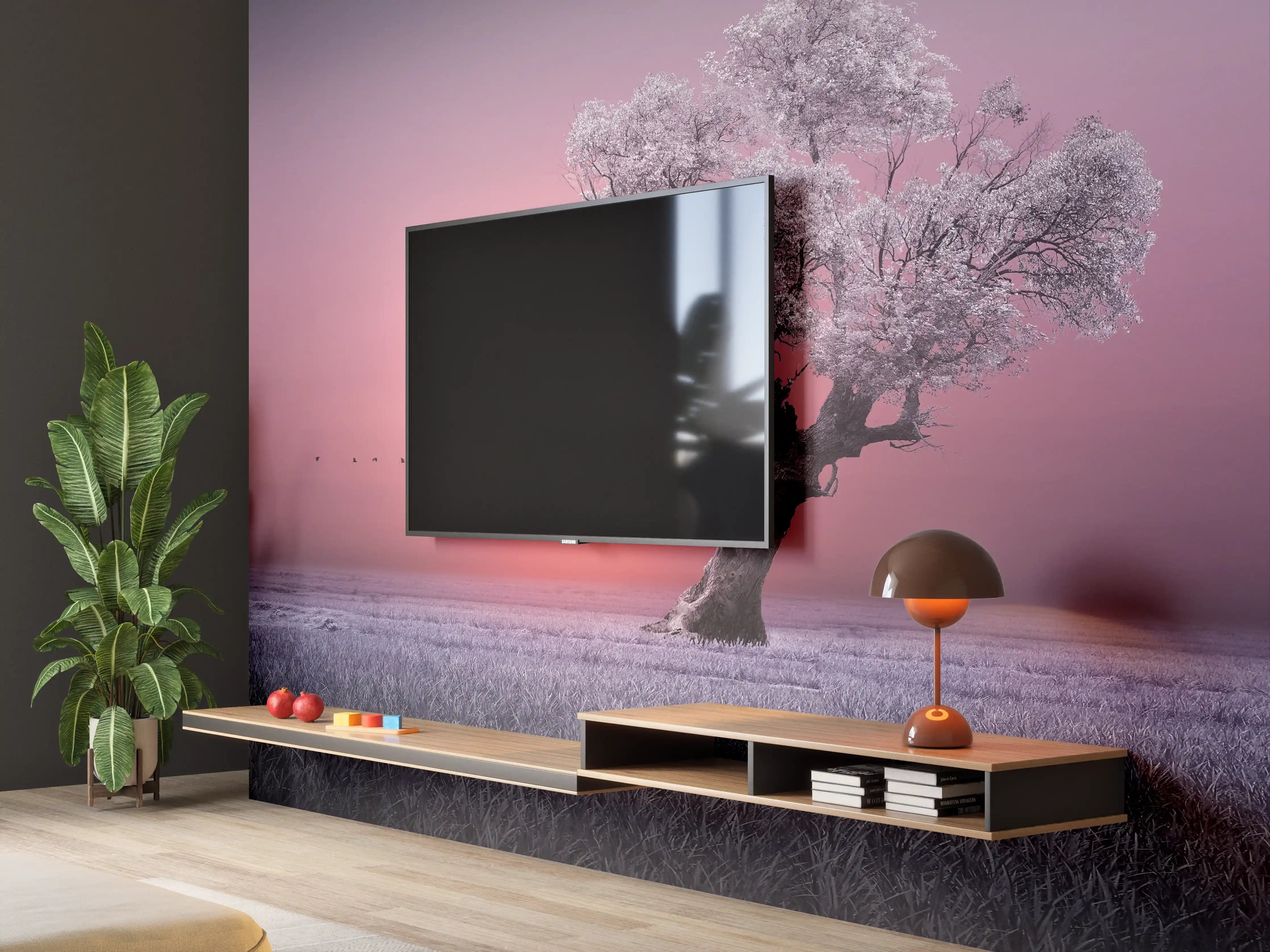 Wandverkleidung Wohnzimmer - Magischer Sonnenuntergang bei blühendem Baum