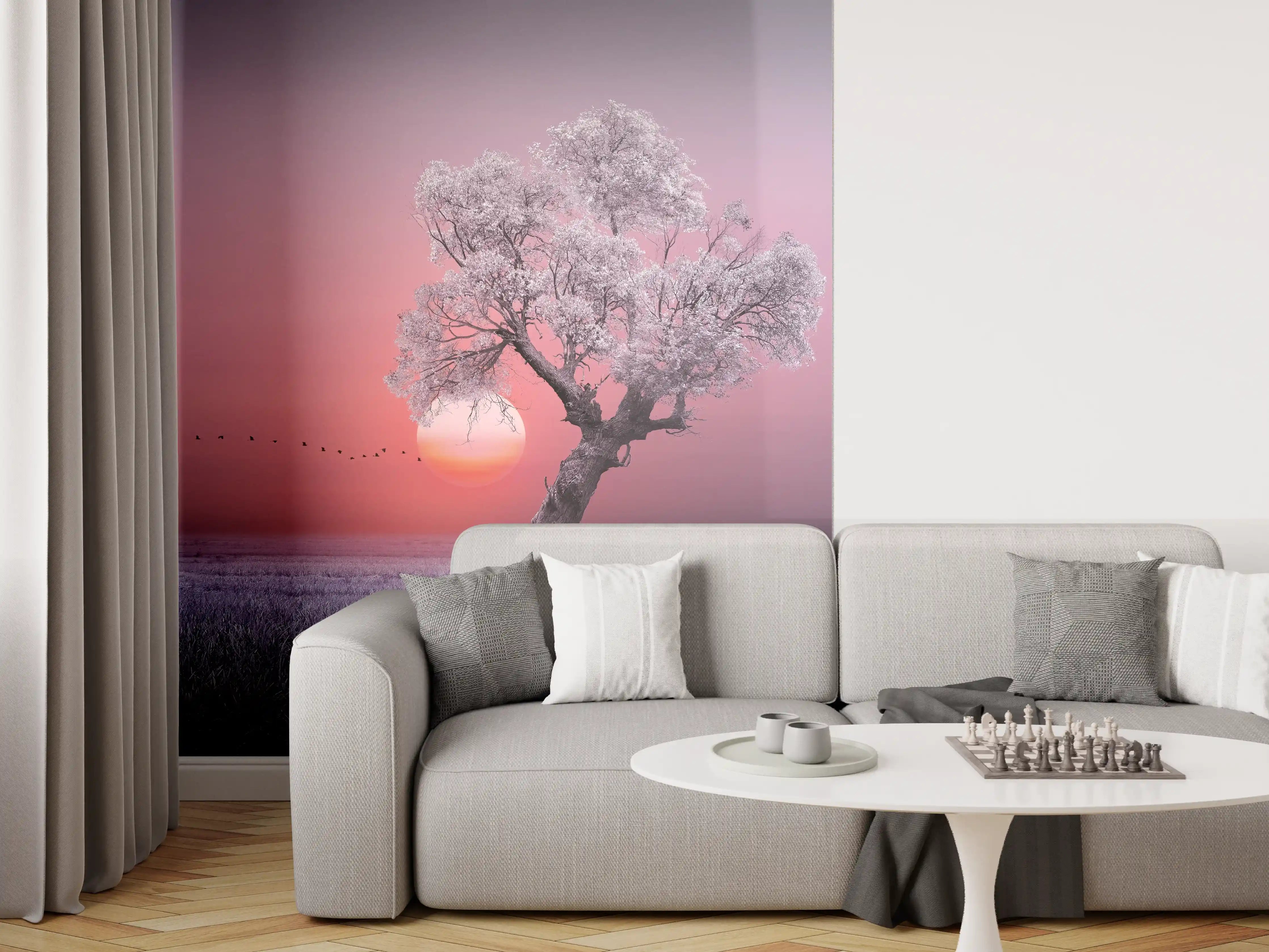 Wandverkleidung Wohnzimmer - Magischer Sonnenuntergang bei blühendem Baum