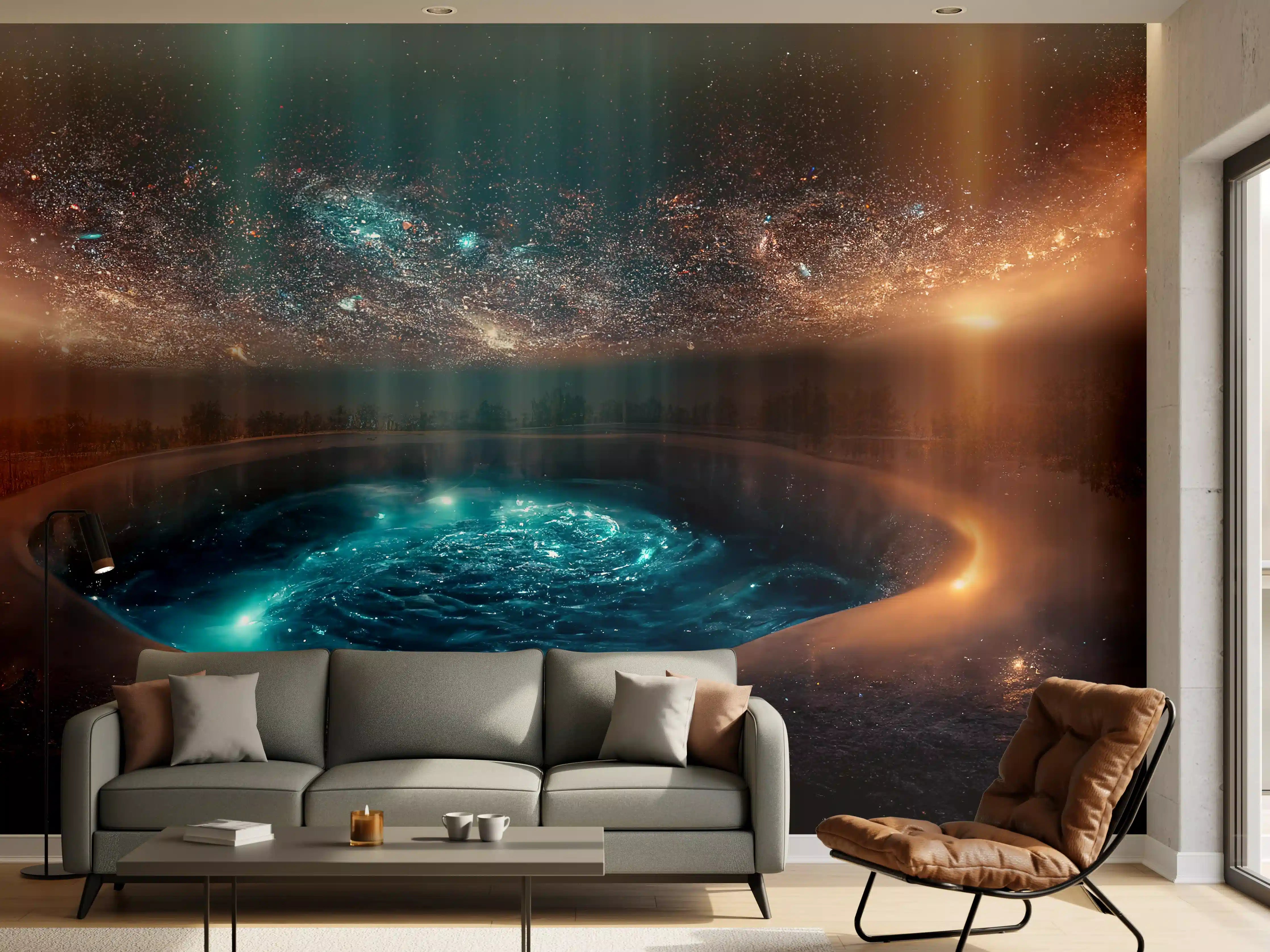 Wandverkleidung Wohnzimmer - Magischer Sternenhimmel über dem See