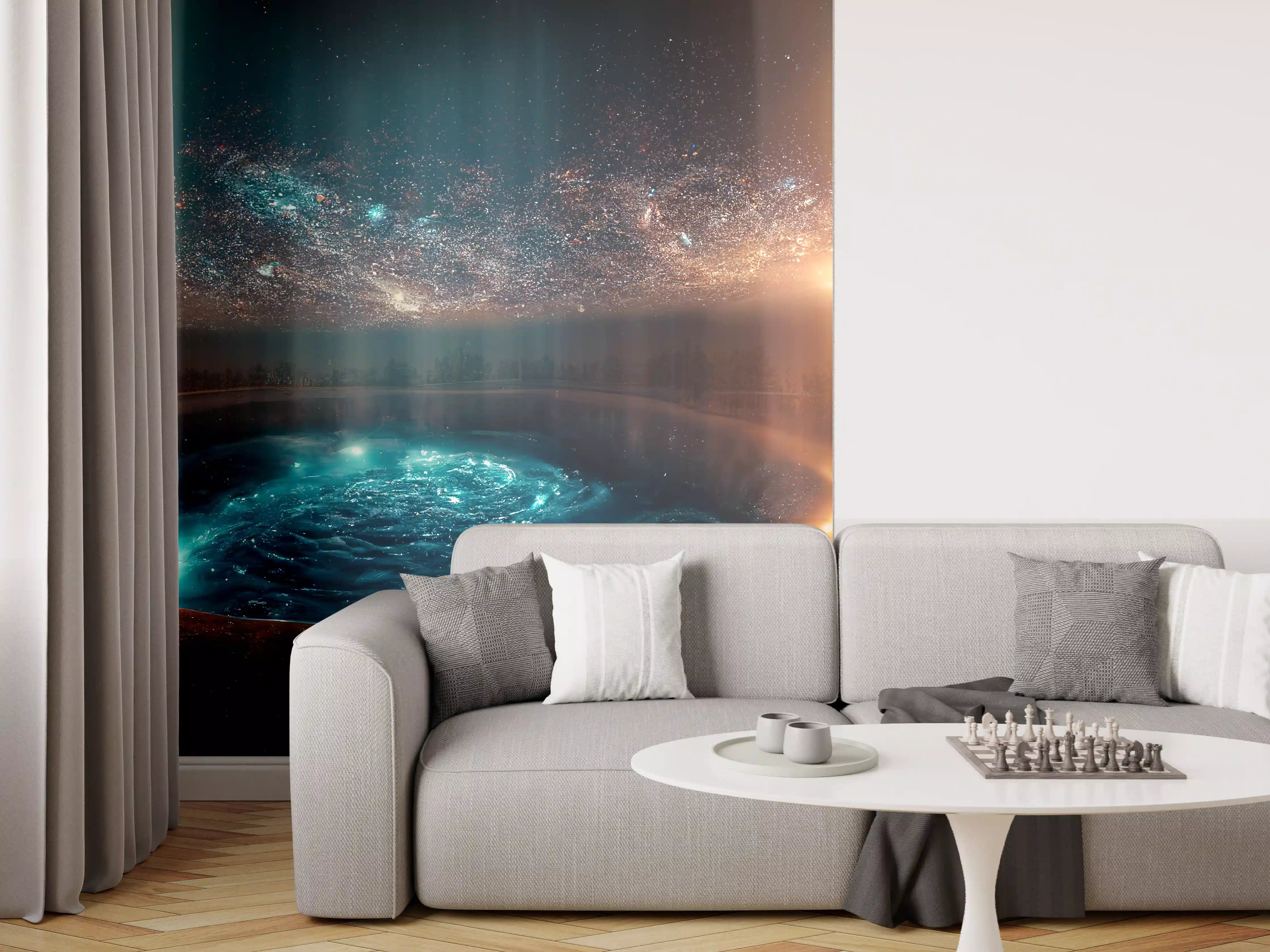 Wandverkleidung Wohnzimmer - Magischer Sternenhimmel über dem See