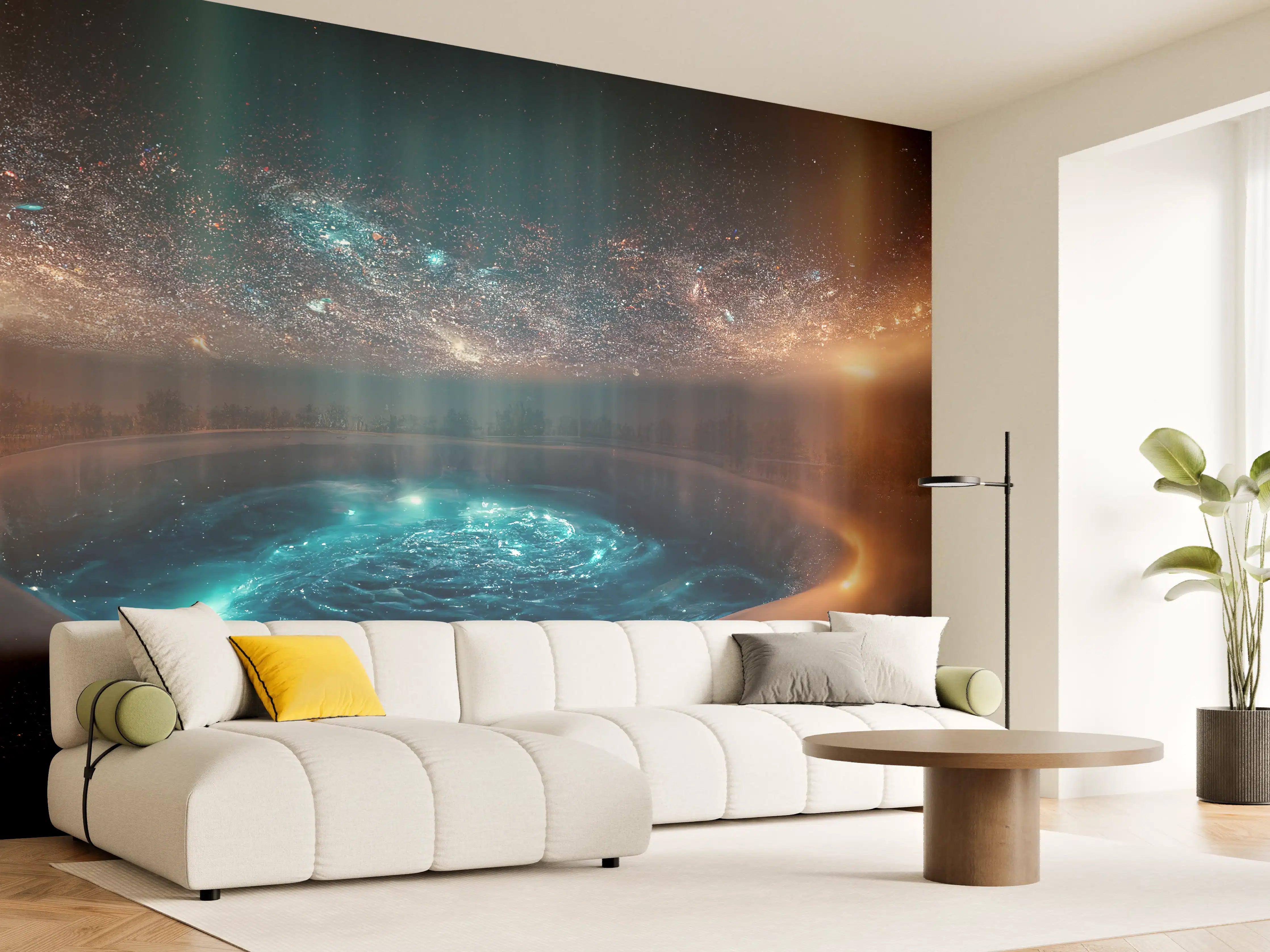 Wandverkleidung Wohnzimmer - Magischer Sternenhimmel über dem See