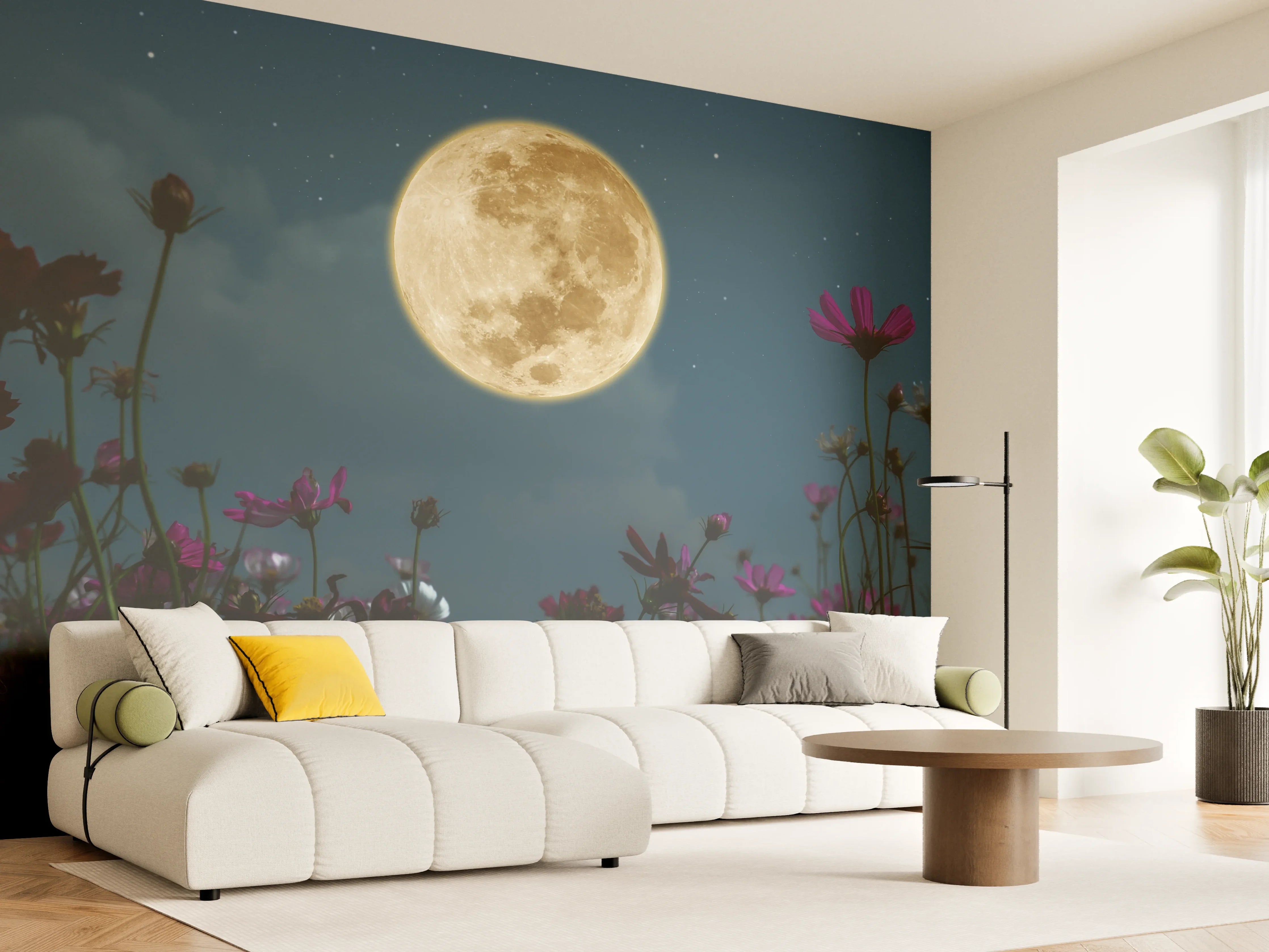Wandverkleidung Wohnzimmer - Magischer Vollmond über bunten Blumenwiesen