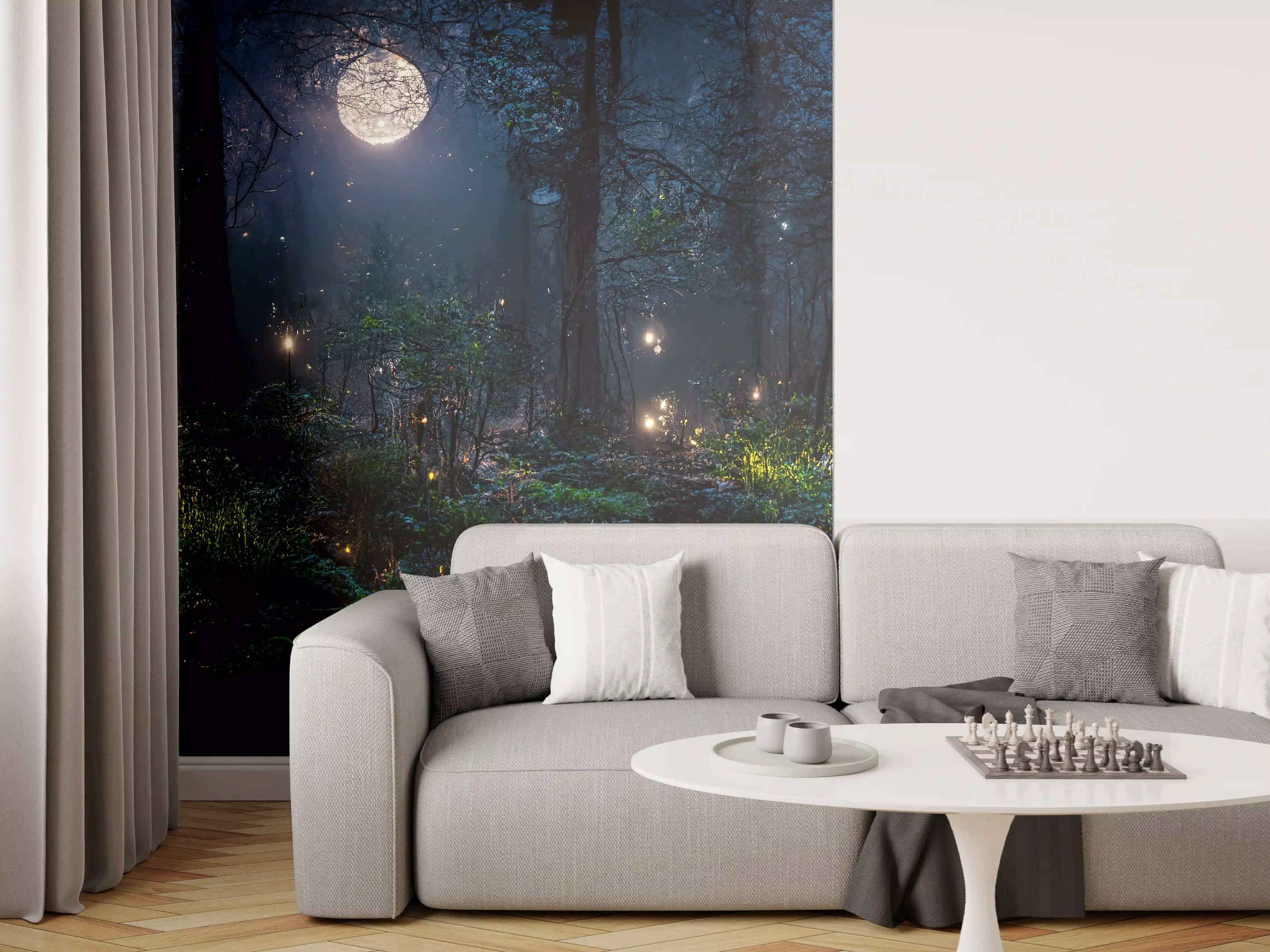 Wandverkleidung Wohnzimmer - Magischer nächtlicher Wald mit leuchtenden Effekten