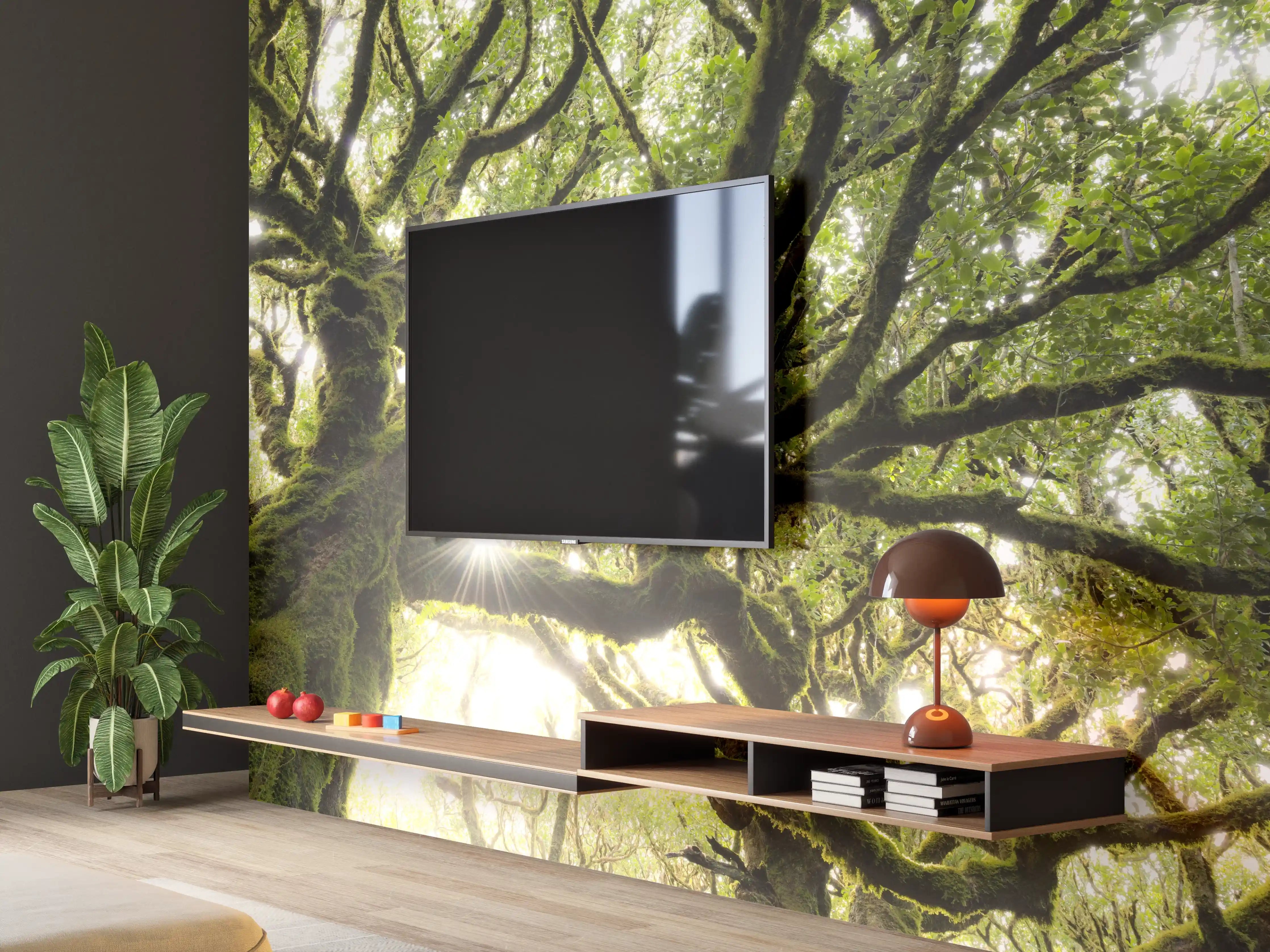 Wandverkleidung Wohnzimmer - Majestärer Baum mit Sonnenlicht
