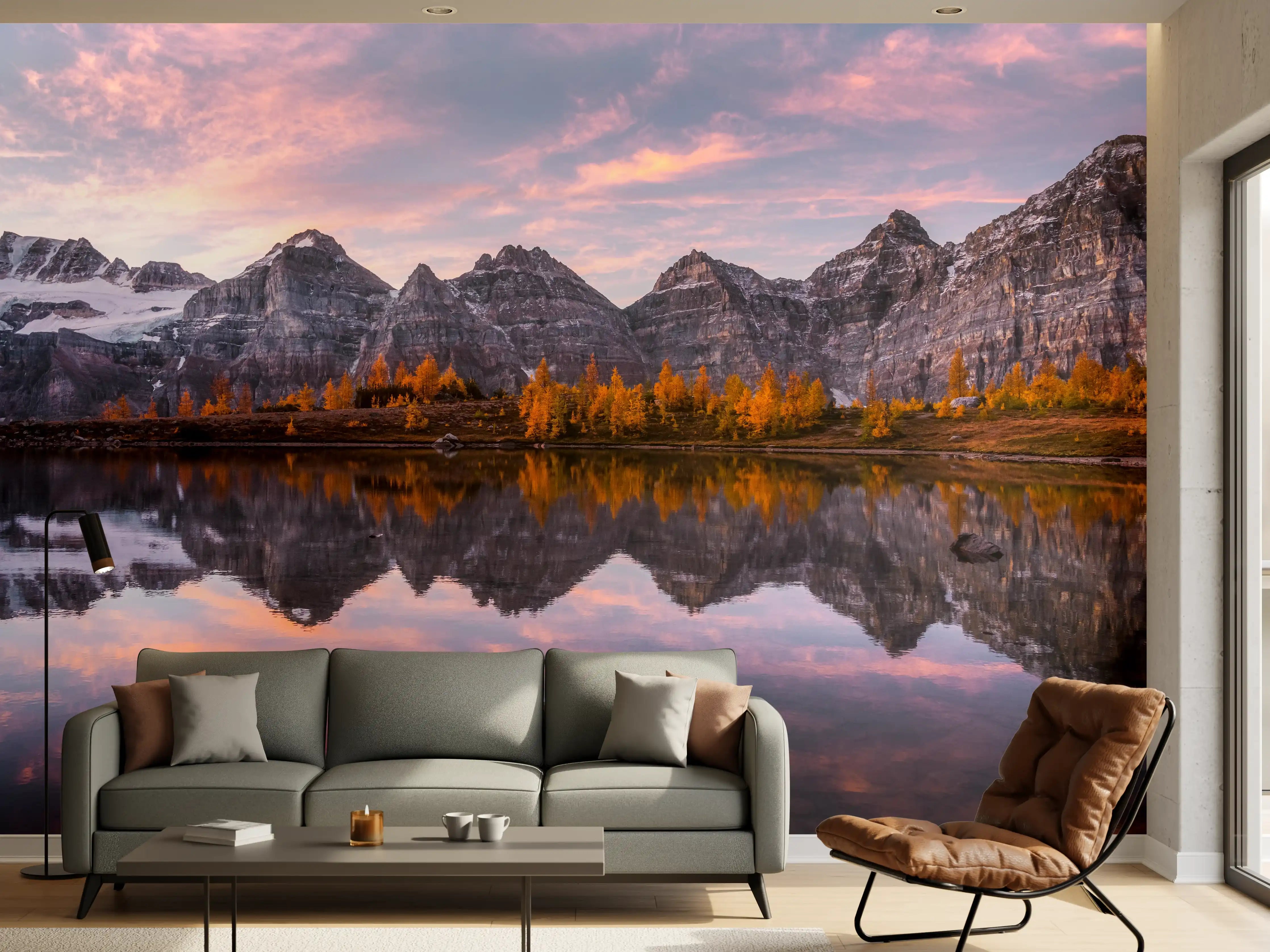 Wandverkleidung Wohnzimmer - Majestätische Bergkulisse bei Sonnenuntergang