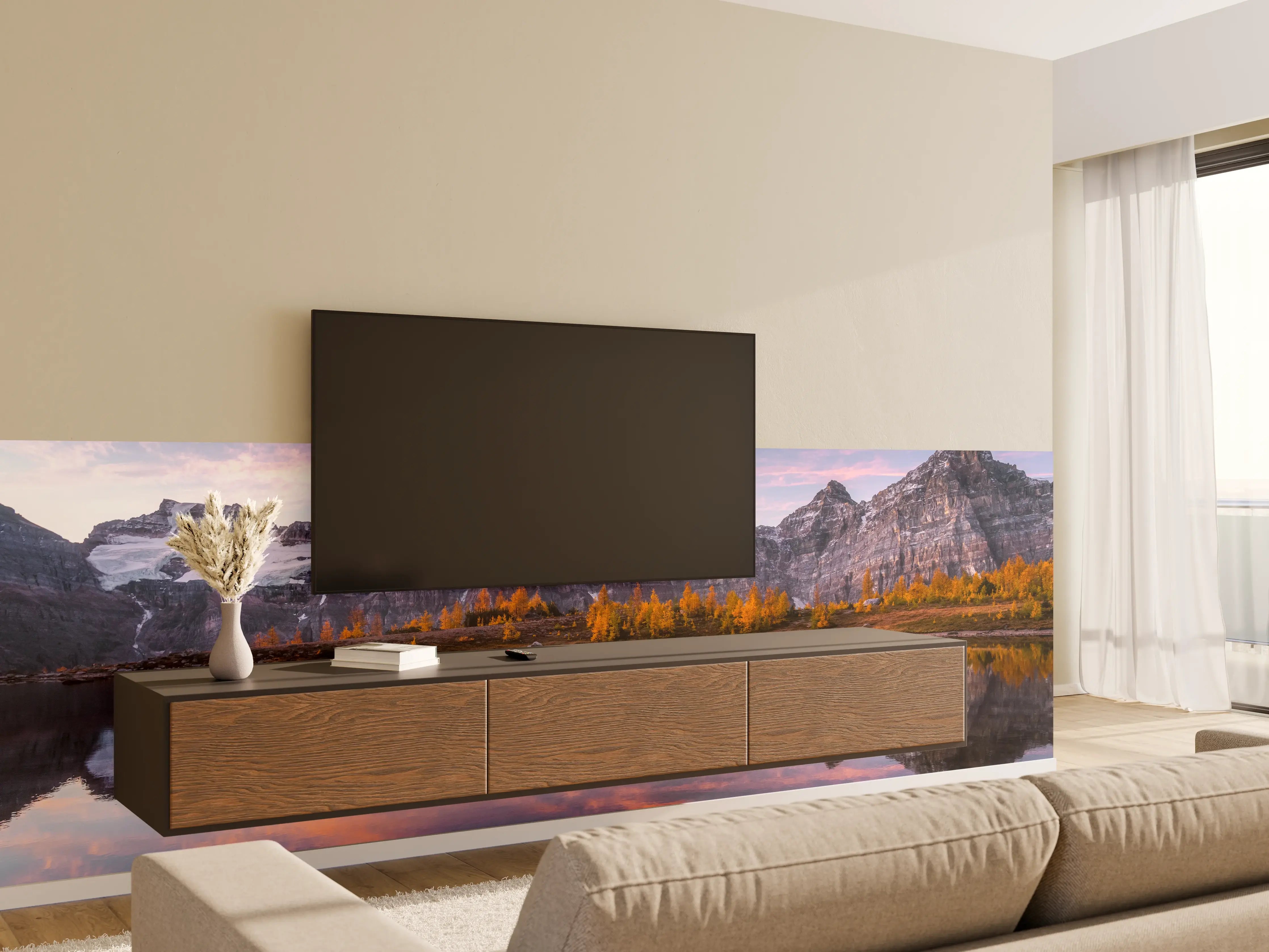 Wandverkleidung Wohnzimmer - Majestätische Bergkulisse bei Sonnenuntergang