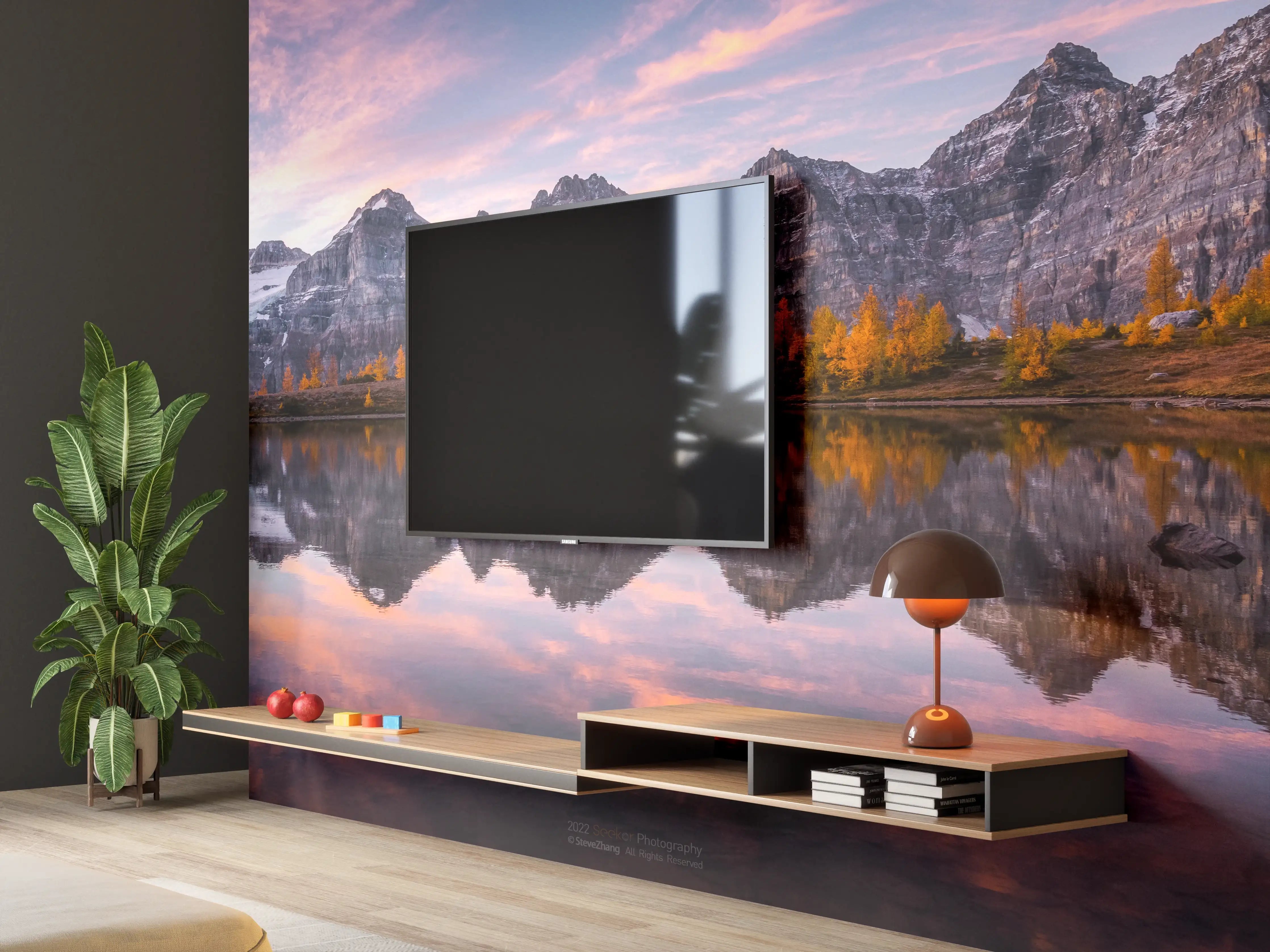 Wandverkleidung Wohnzimmer - Majestätische Bergkulisse bei Sonnenuntergang