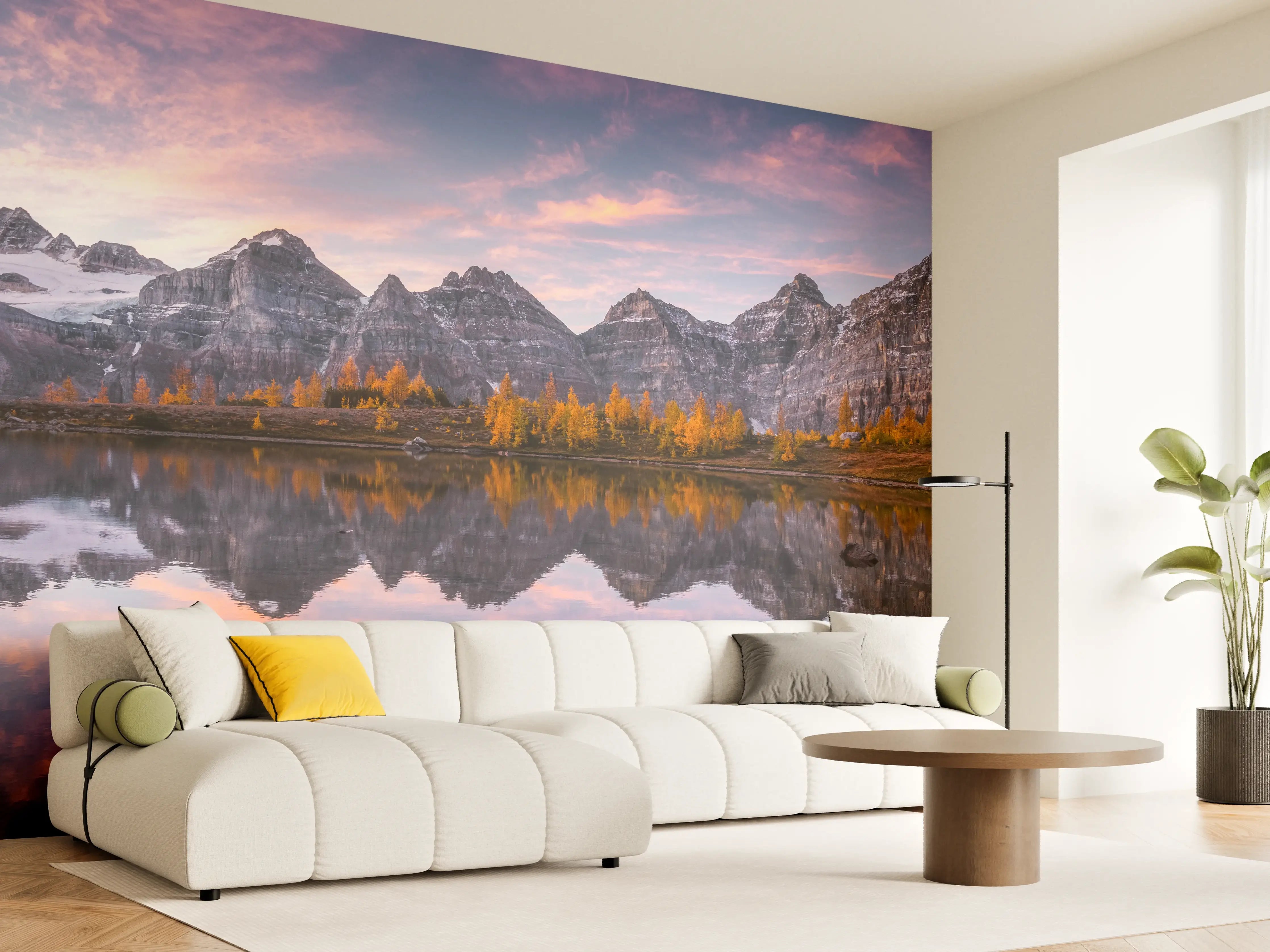 Wandverkleidung Wohnzimmer - Majestätische Bergkulisse bei Sonnenuntergang