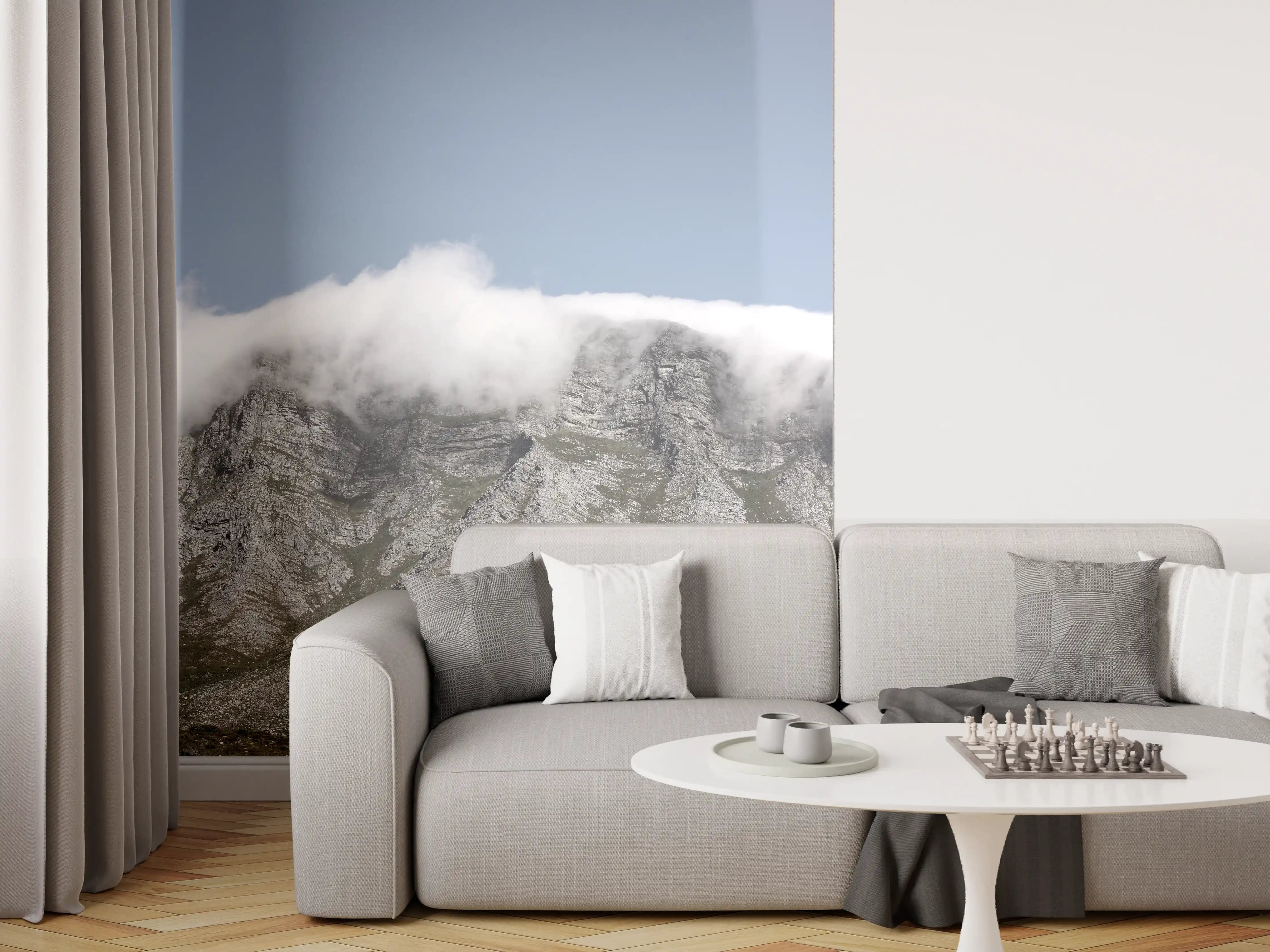 Wandverkleidung Wohnzimmer - Majestätische Bergkulisse mit Wolken