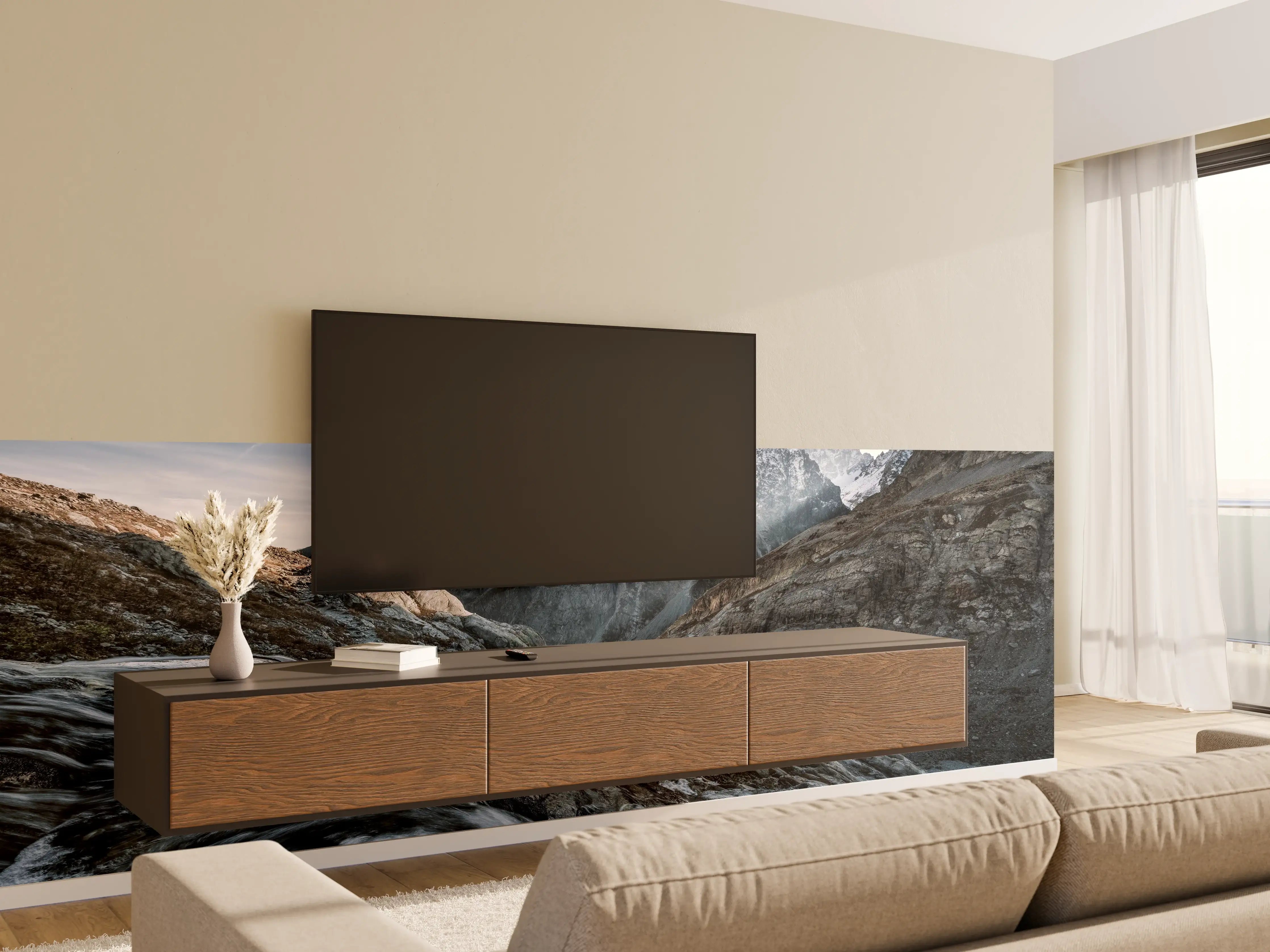 Wandverkleidung Wohnzimmer - Majestätische Bergkulisse mit rauschendem Fluss