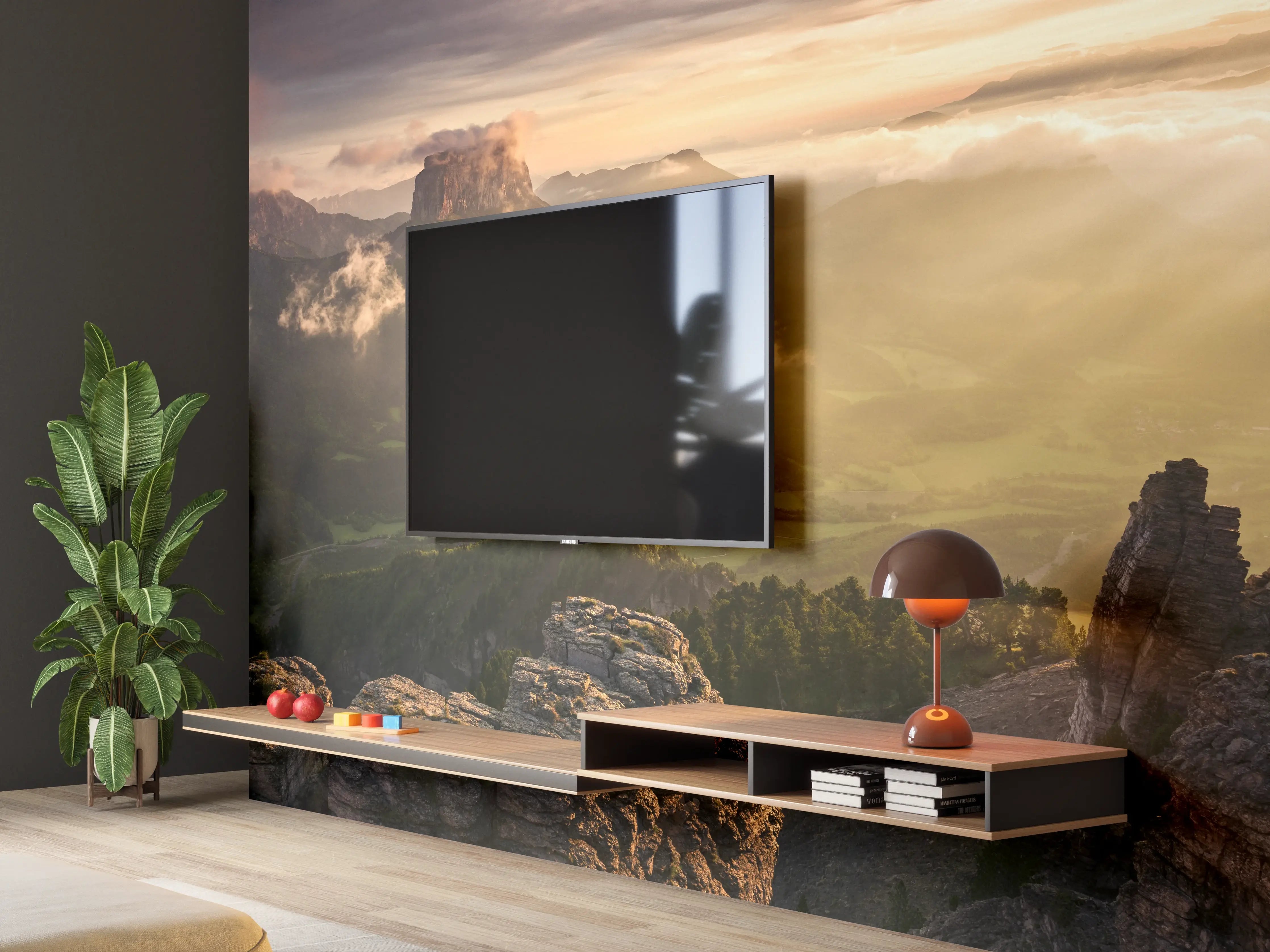 Wandverkleidung Wohnzimmer - Majestätische Berglandschaft bei Sonnenaufgang