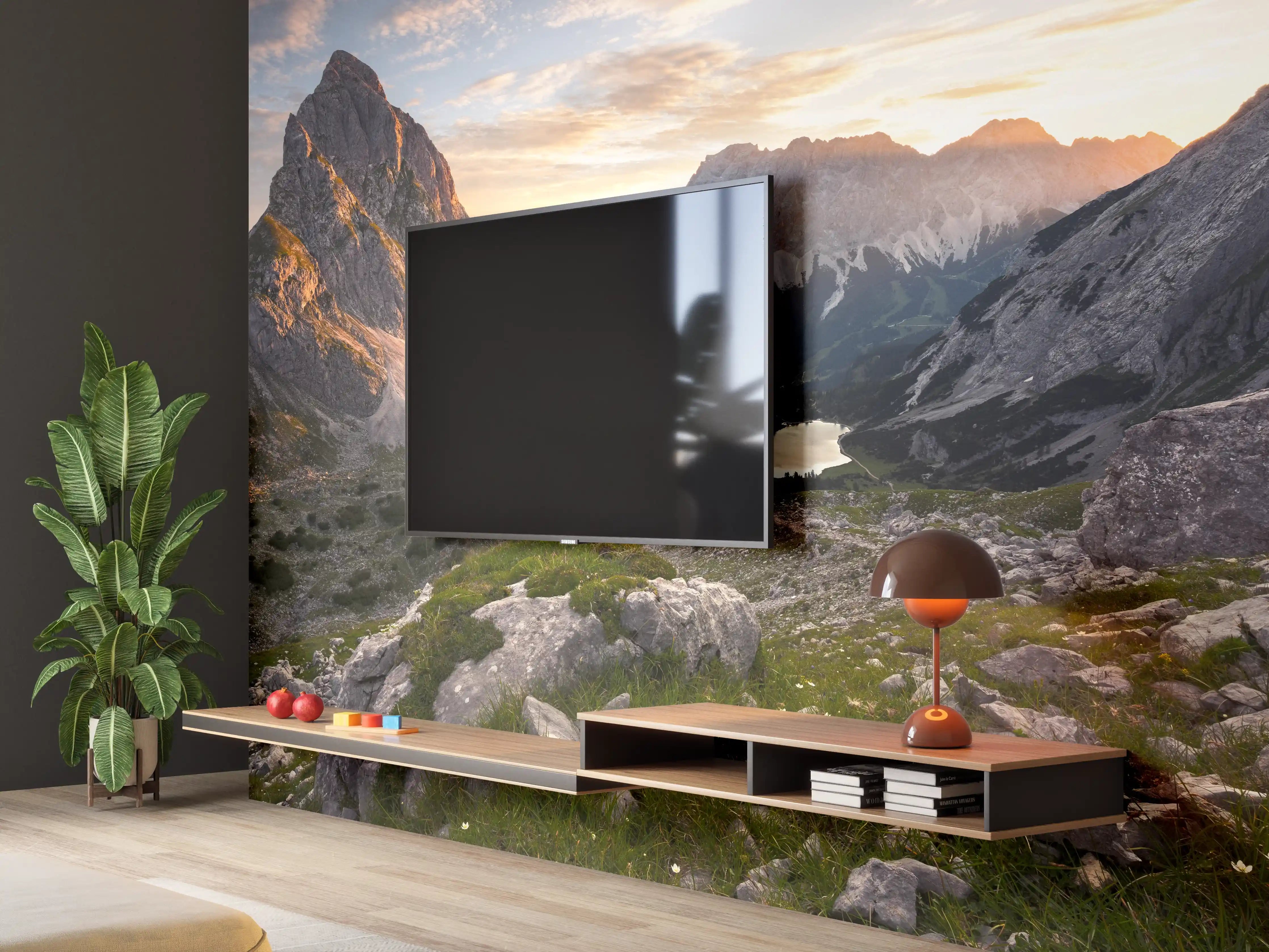 Wandverkleidung Wohnzimmer - Majestätische Berglandschaft im Sonnenuntergang