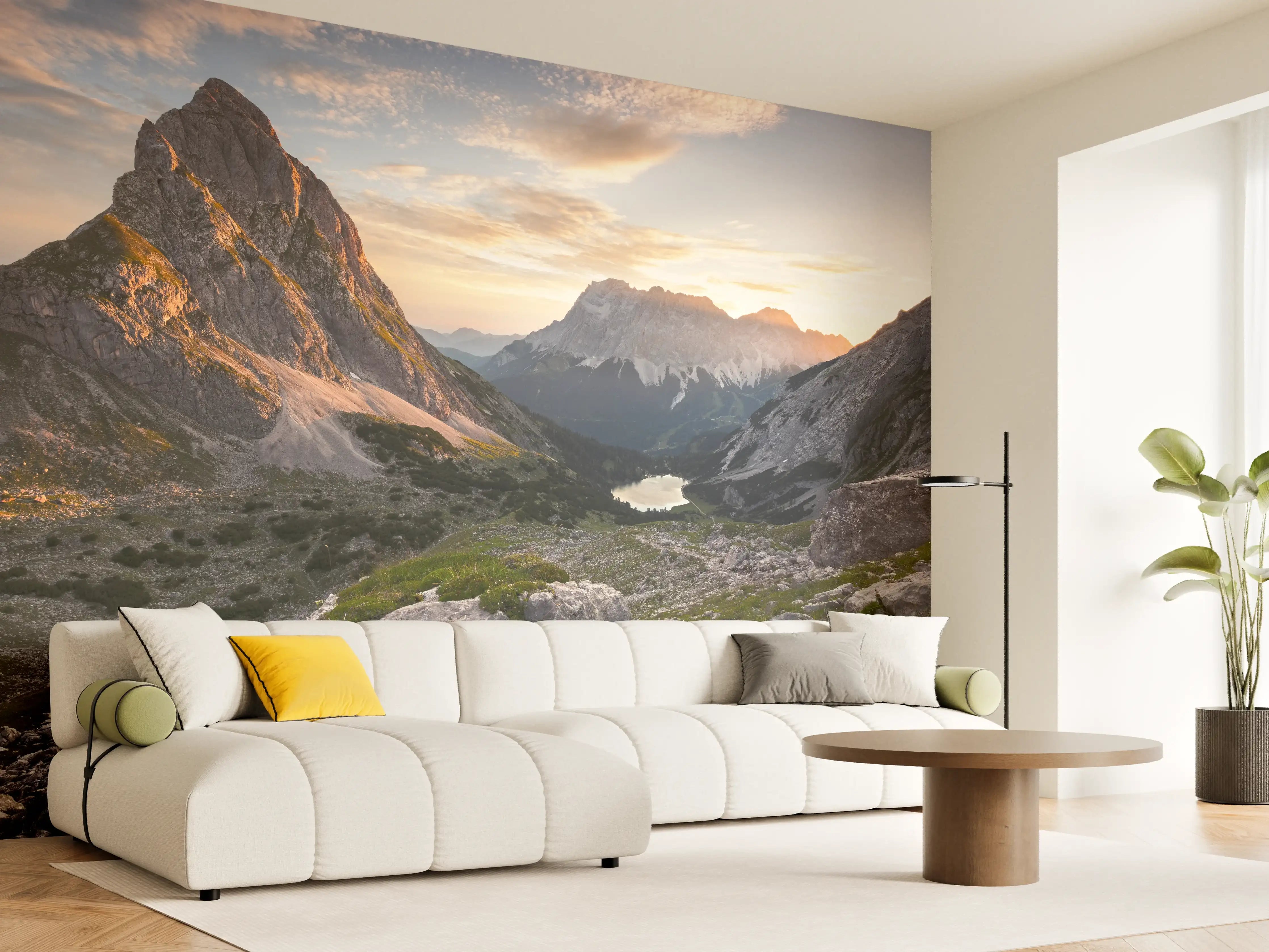 Wandverkleidung Wohnzimmer - Majestätische Berglandschaft im Sonnenuntergang