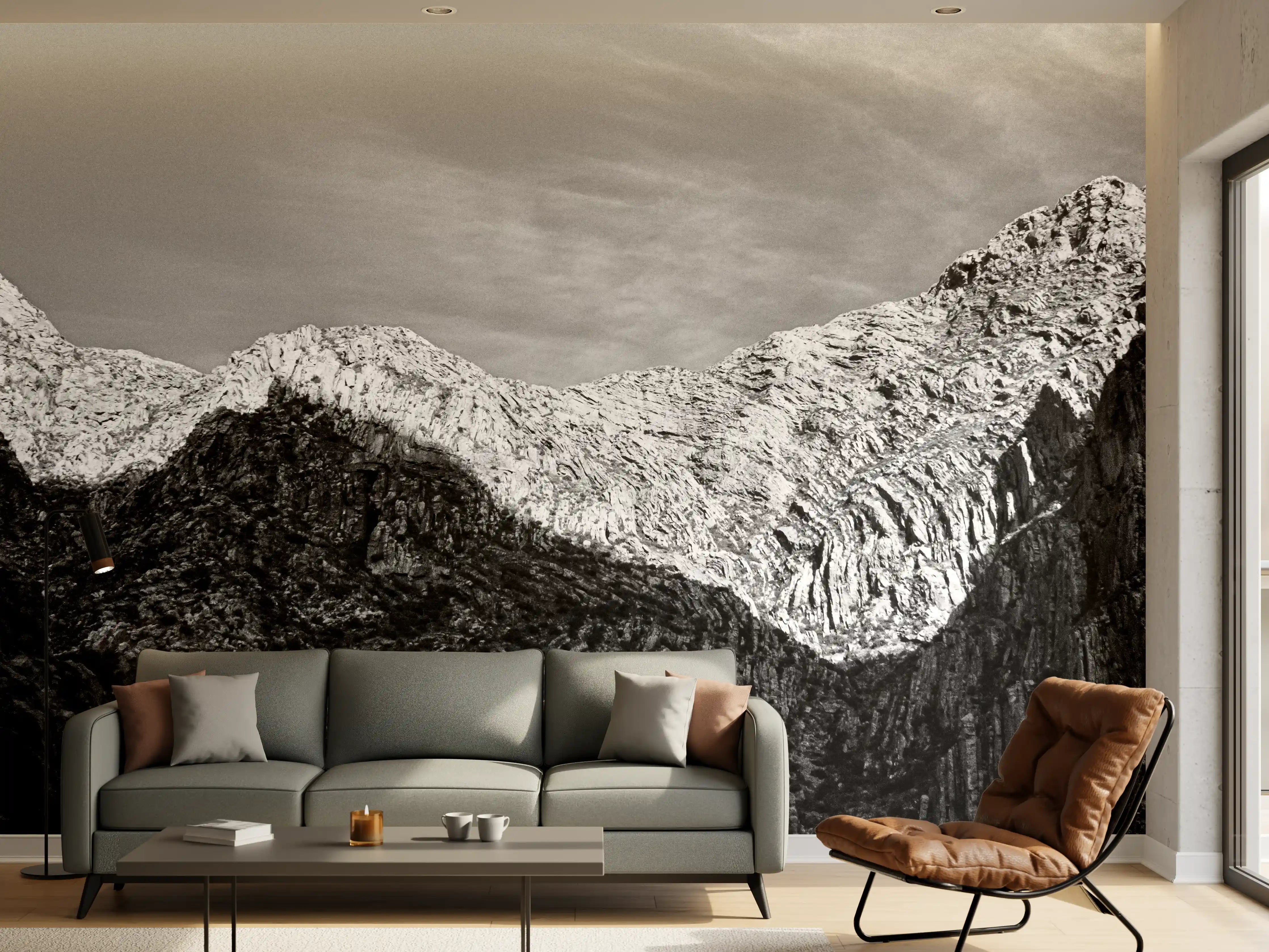 Wandverkleidung Wohnzimmer - Majestätische Berglandschaft in Schwarz-Weiß