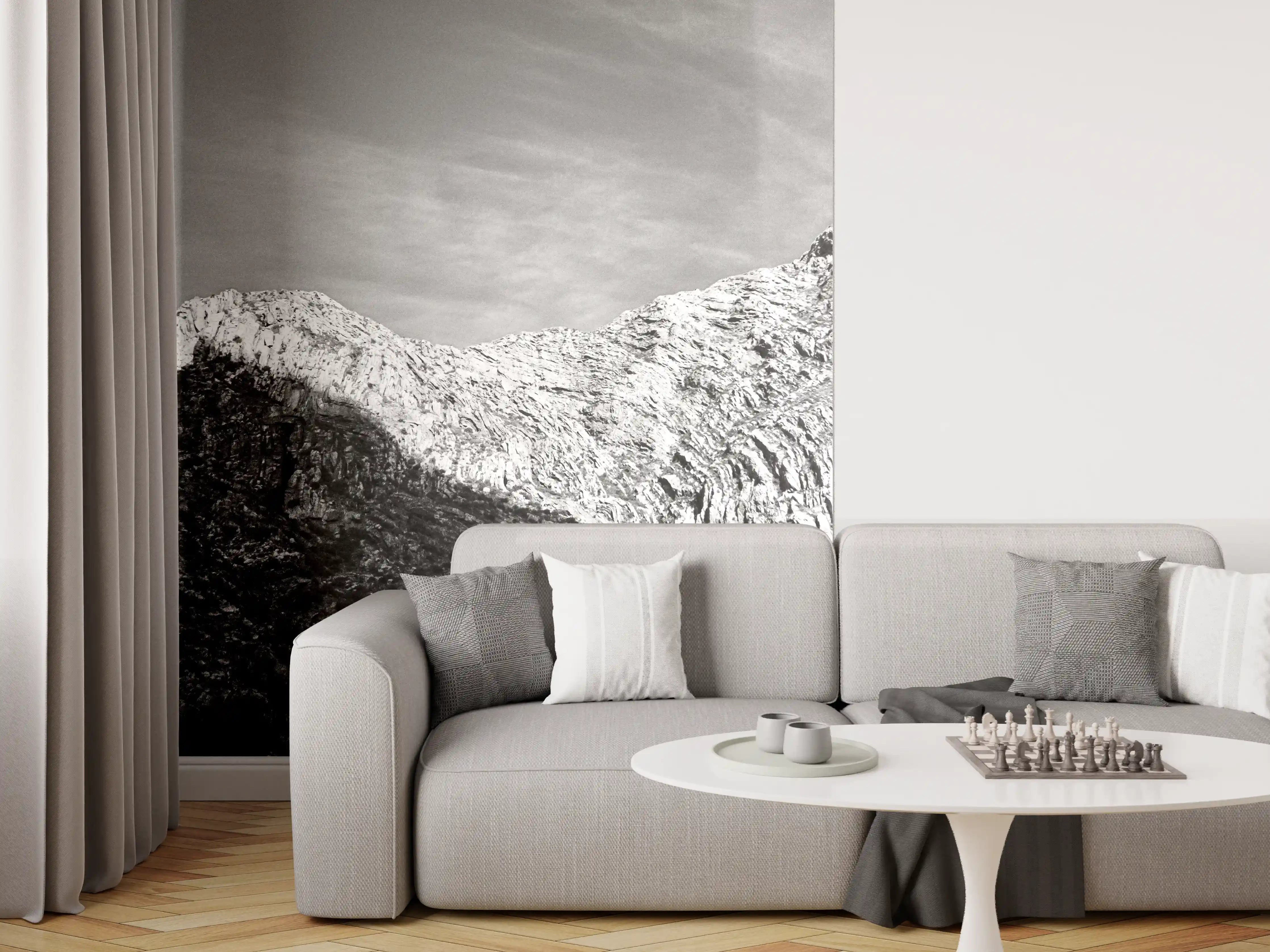 Wandverkleidung Wohnzimmer - Majestätische Berglandschaft in Schwarz-Weiß