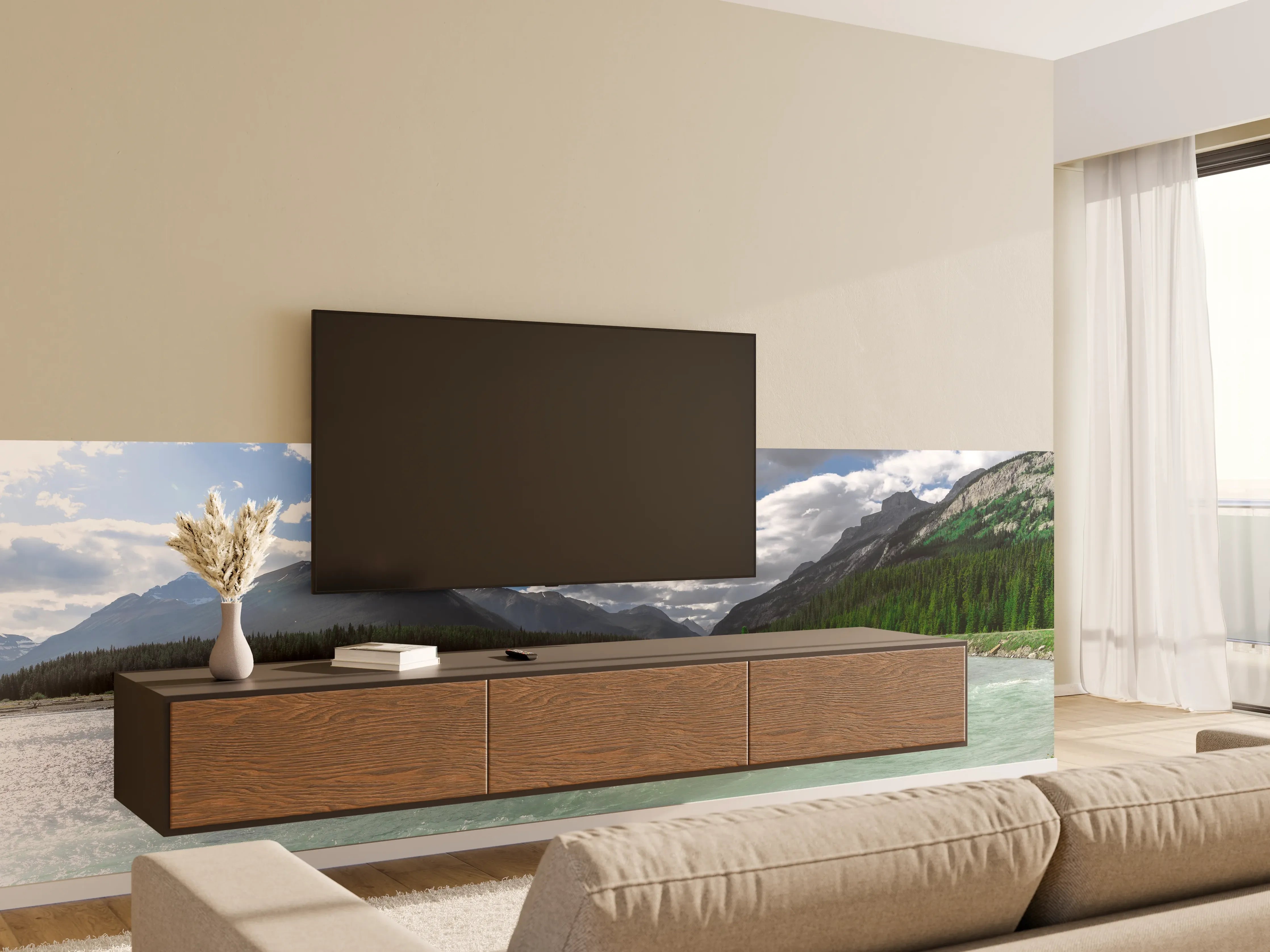 Wandverkleidung Wohnzimmer - Majestätische Berglandschaft mit Fluss
