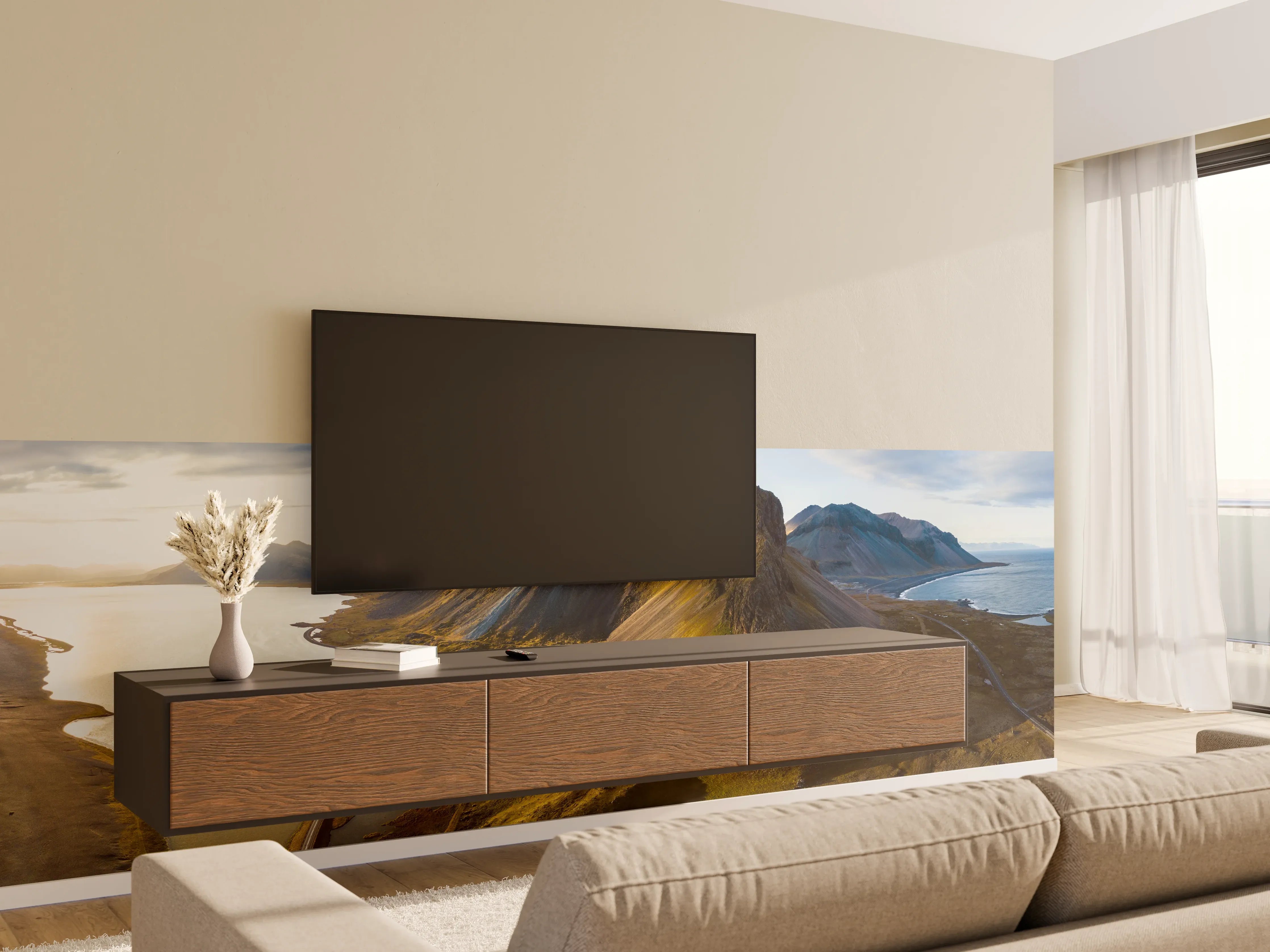 Wandverkleidung Wohnzimmer - Majestätische Berglandschaft mit See und Straßen
