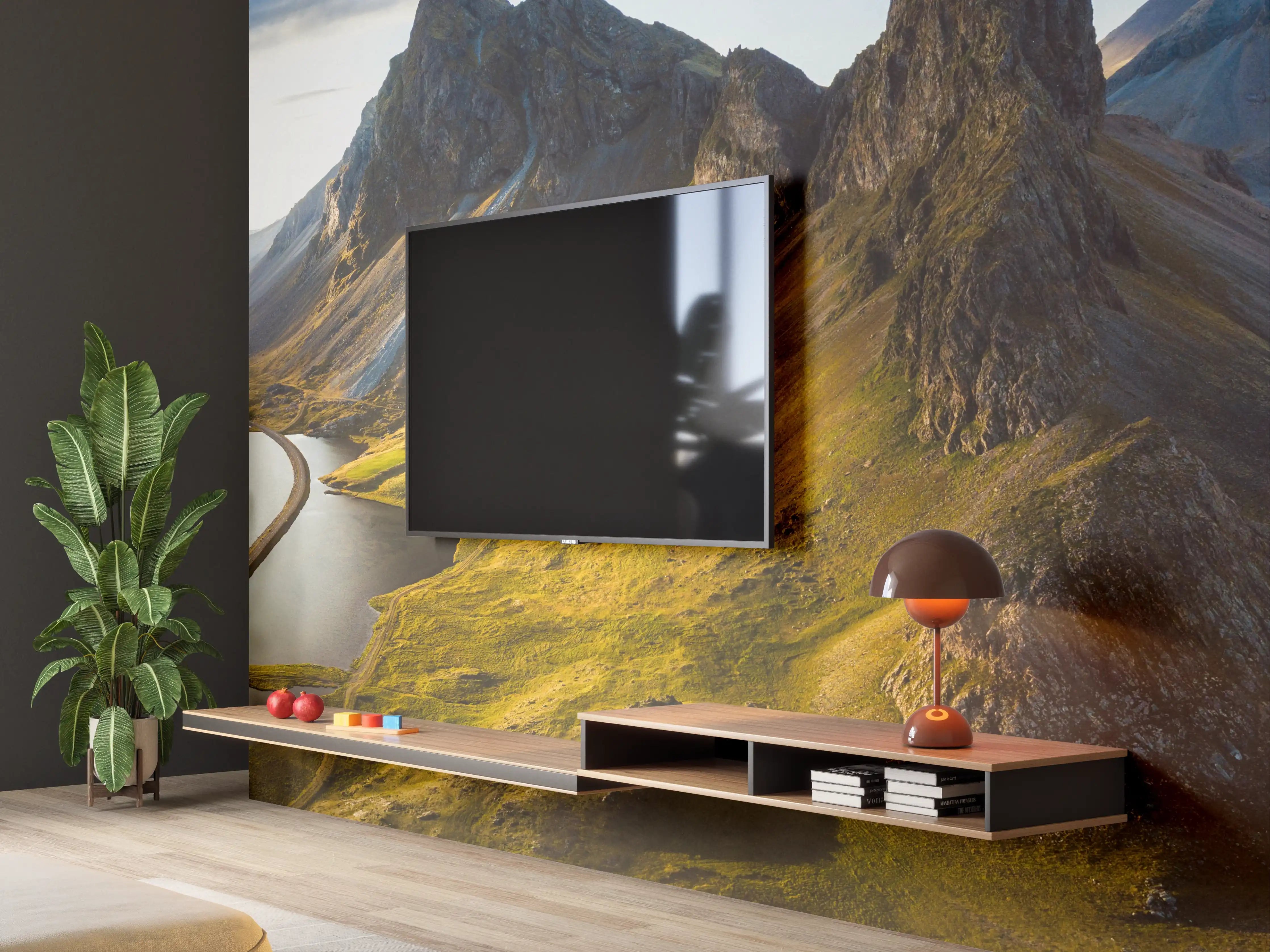 Wandverkleidung Wohnzimmer - Majestätische Berglandschaft mit See und Straßen