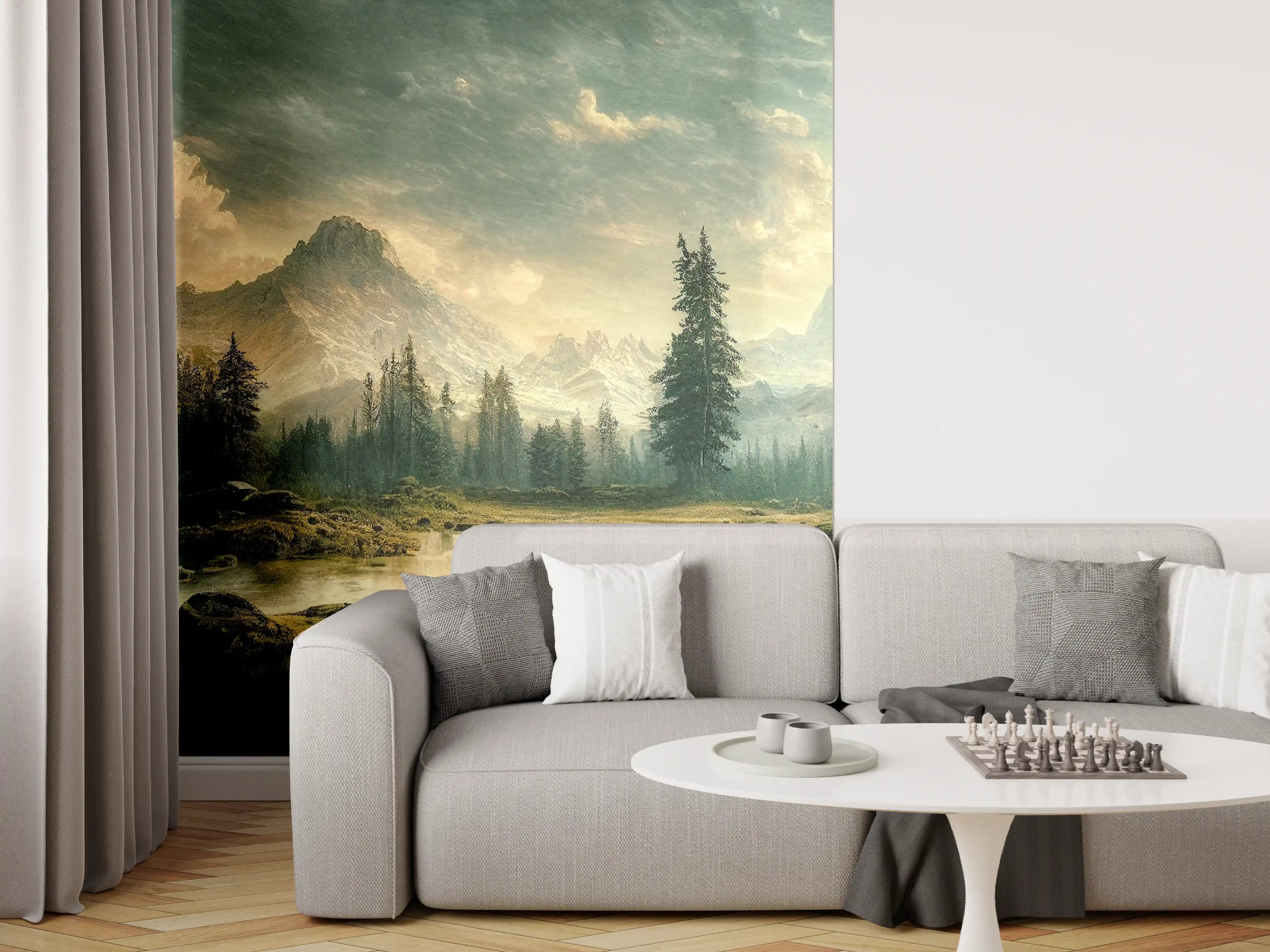 Wandverkleidung Wohnzimmer - Majestätische Berglandschaft mit See und Wäldern