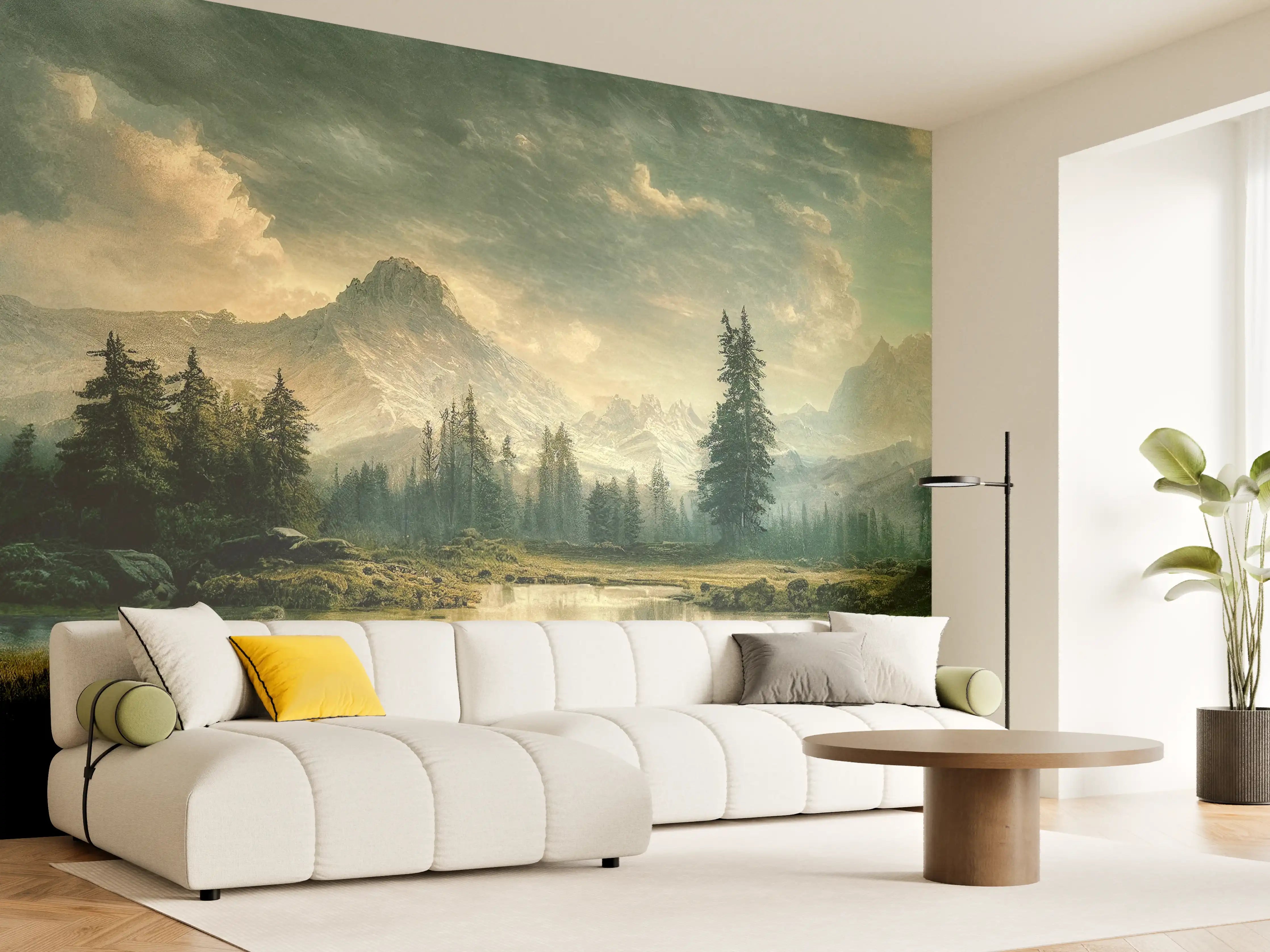 Wandverkleidung Wohnzimmer - Majestätische Berglandschaft mit See und Wäldern