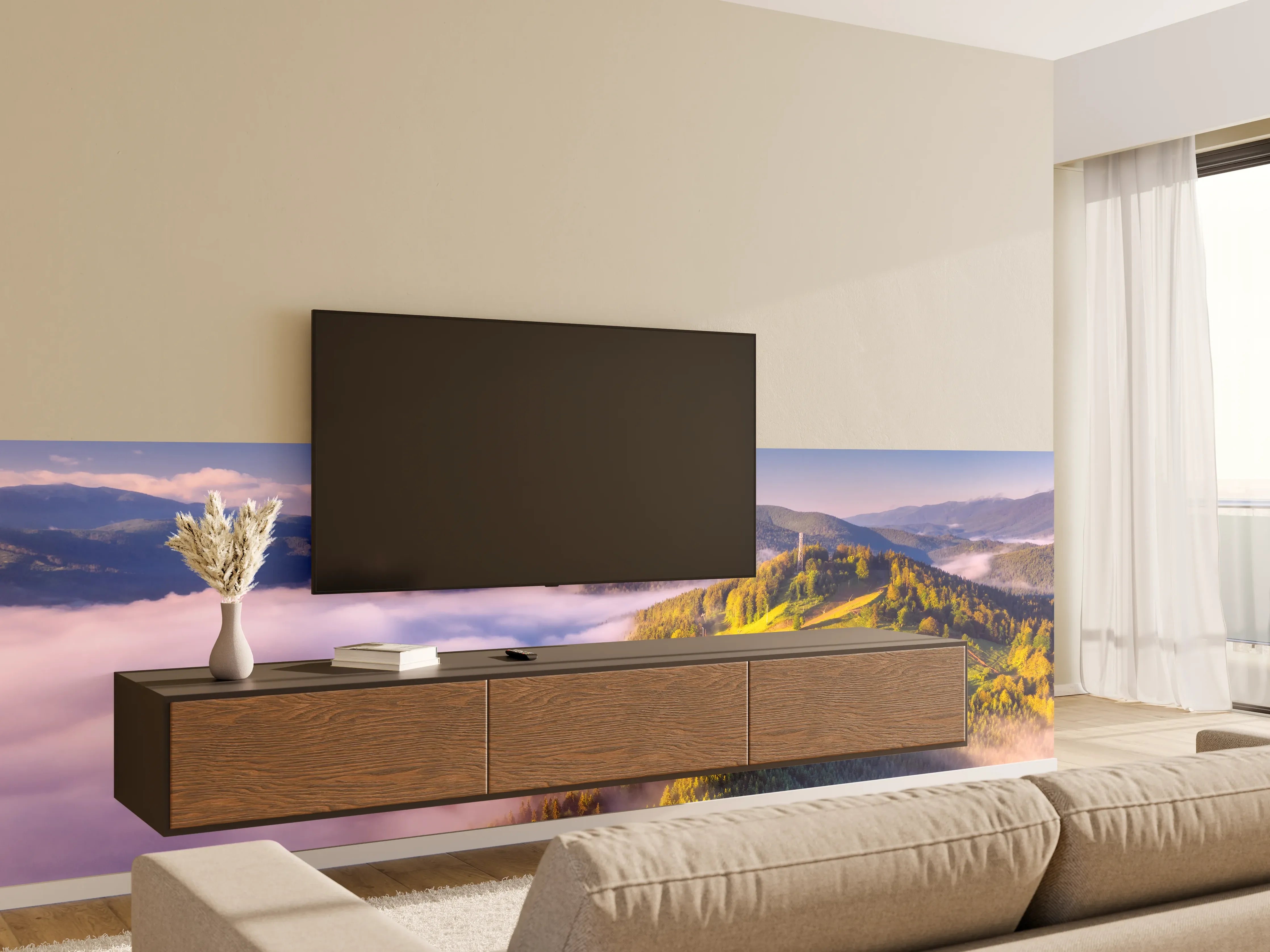 Wandverkleidung Wohnzimmer - Majestätische Berglandschaft mit Wolkenmeer