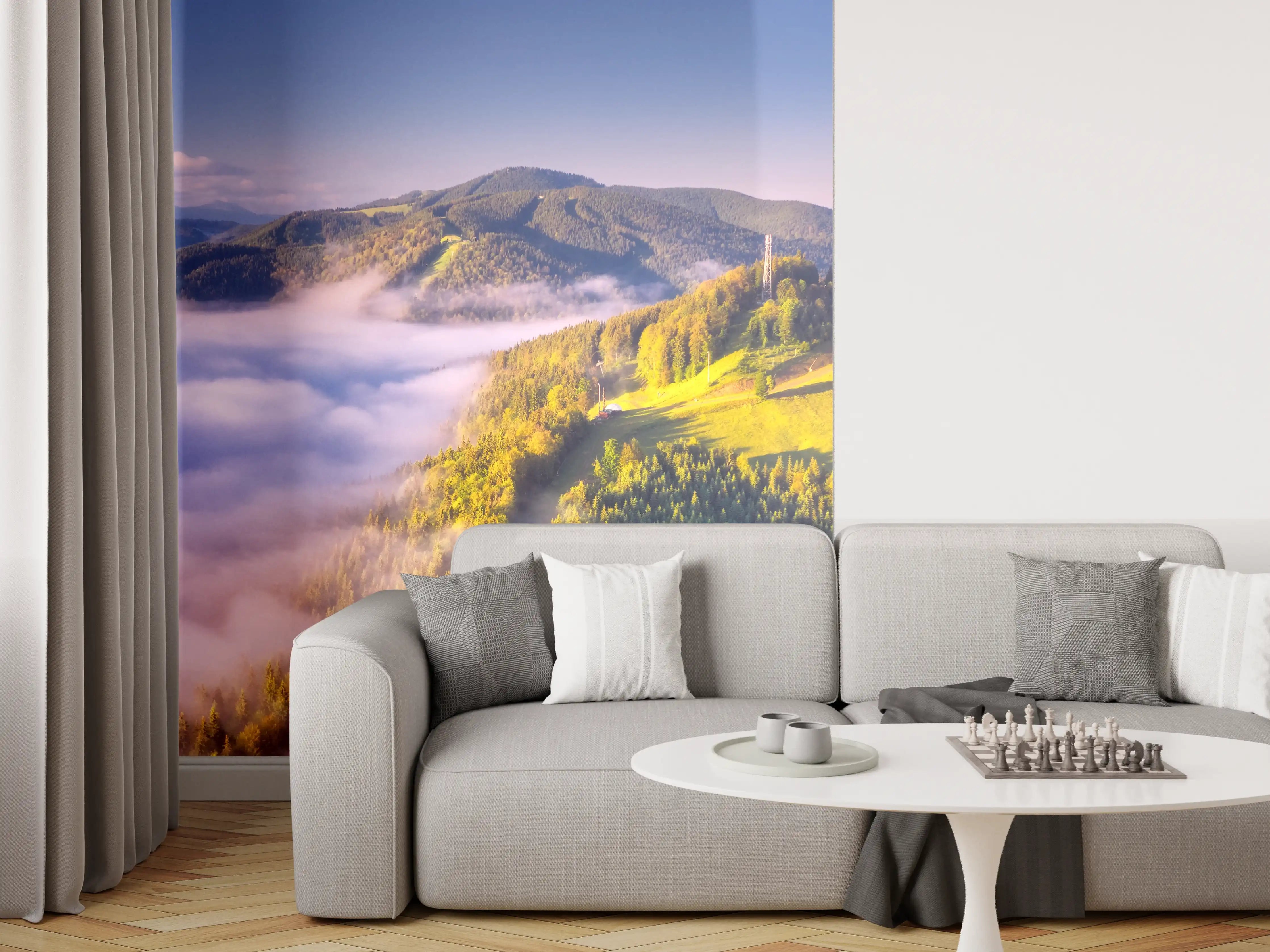 Wandverkleidung Wohnzimmer - Majestätische Berglandschaft mit Wolkenmeer
