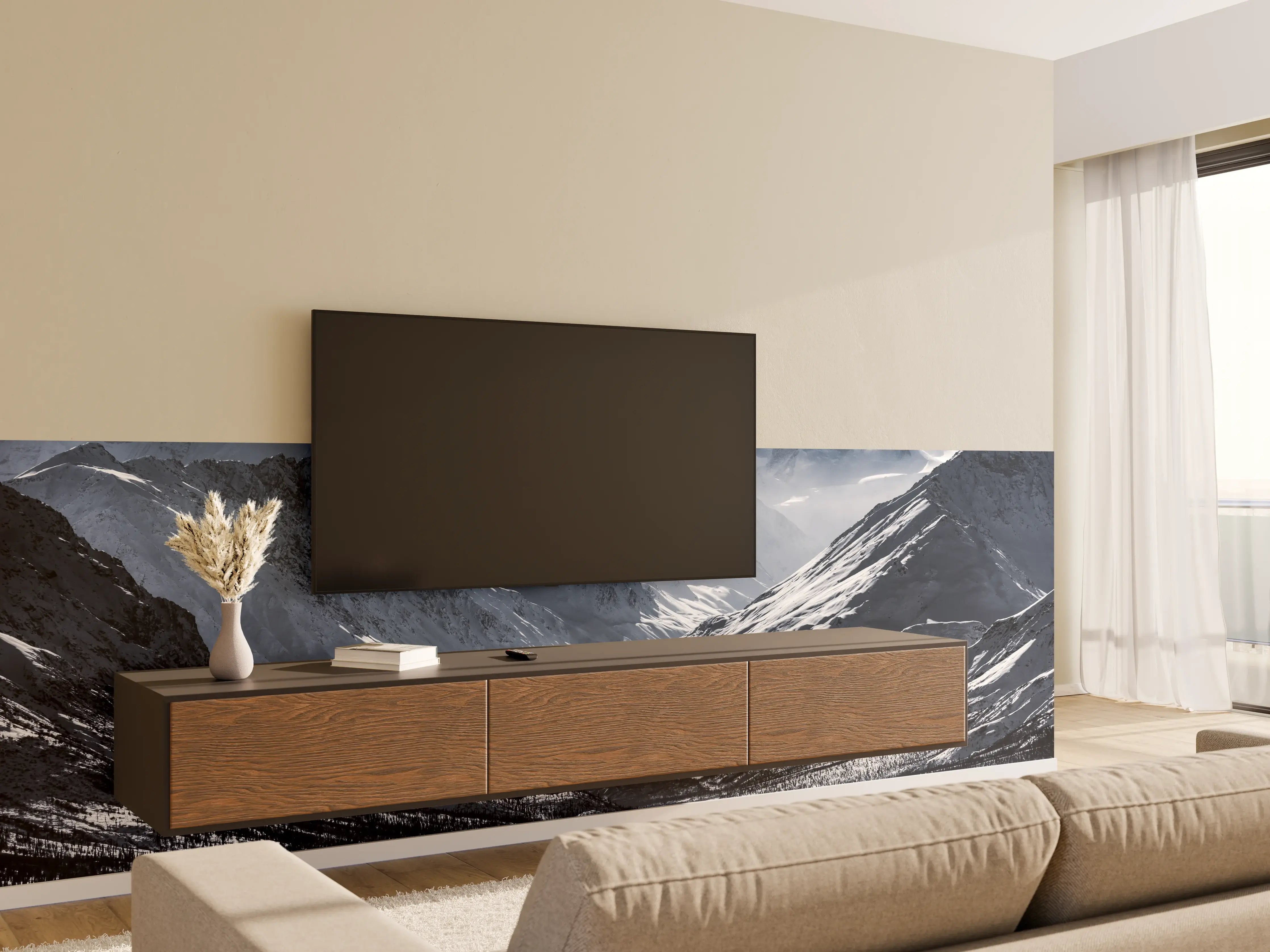 Wandverkleidung Wohnzimmer - Majestätische Berglandschaft mit schneebedeckten Gipfeln