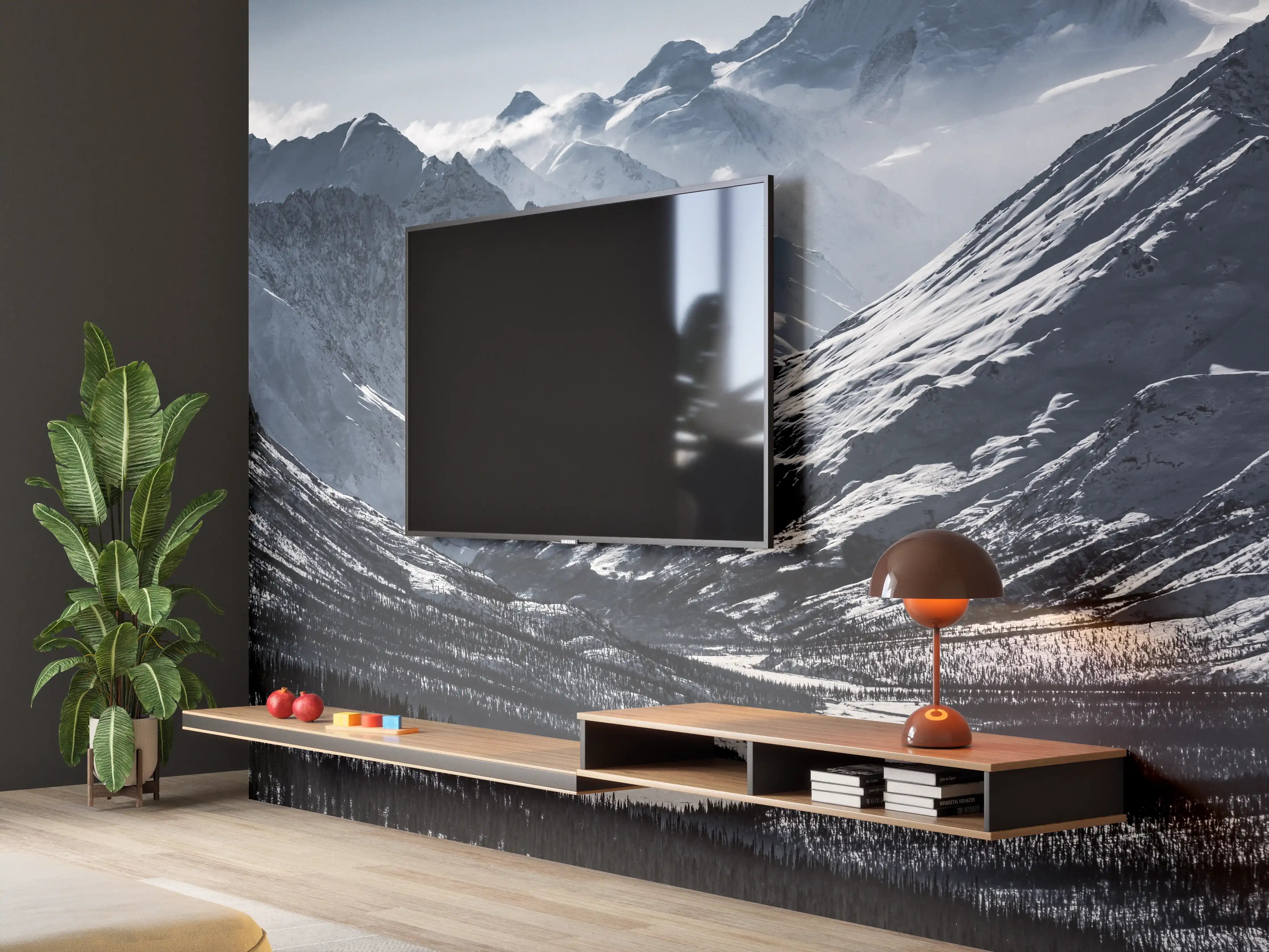 Wandverkleidung Wohnzimmer - Majestätische Berglandschaft mit schneebedeckten Gipfeln