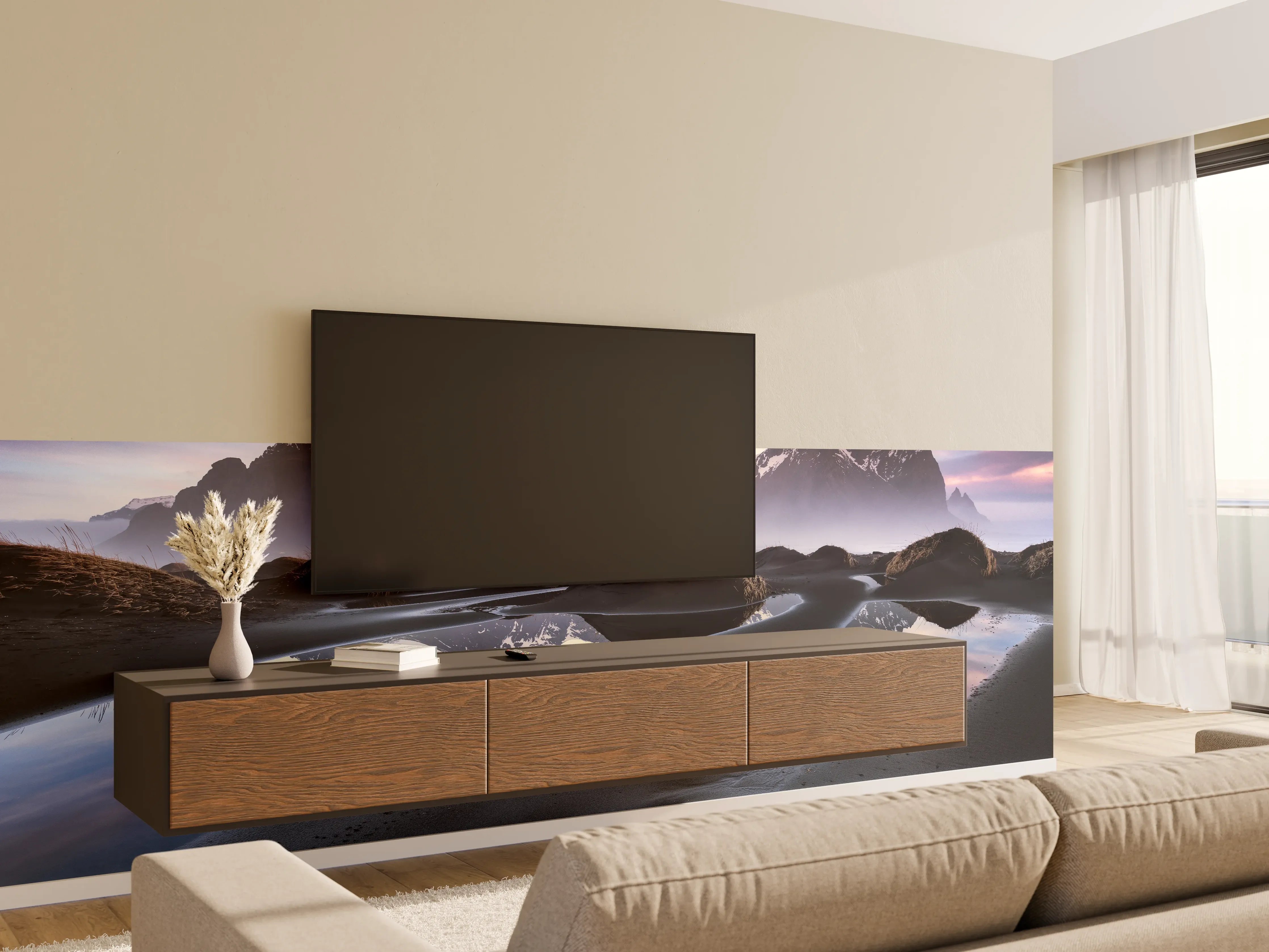 Wandverkleidung Wohnzimmer - Majestätische Berglandschaft mit spiegelnder Wasserfläche